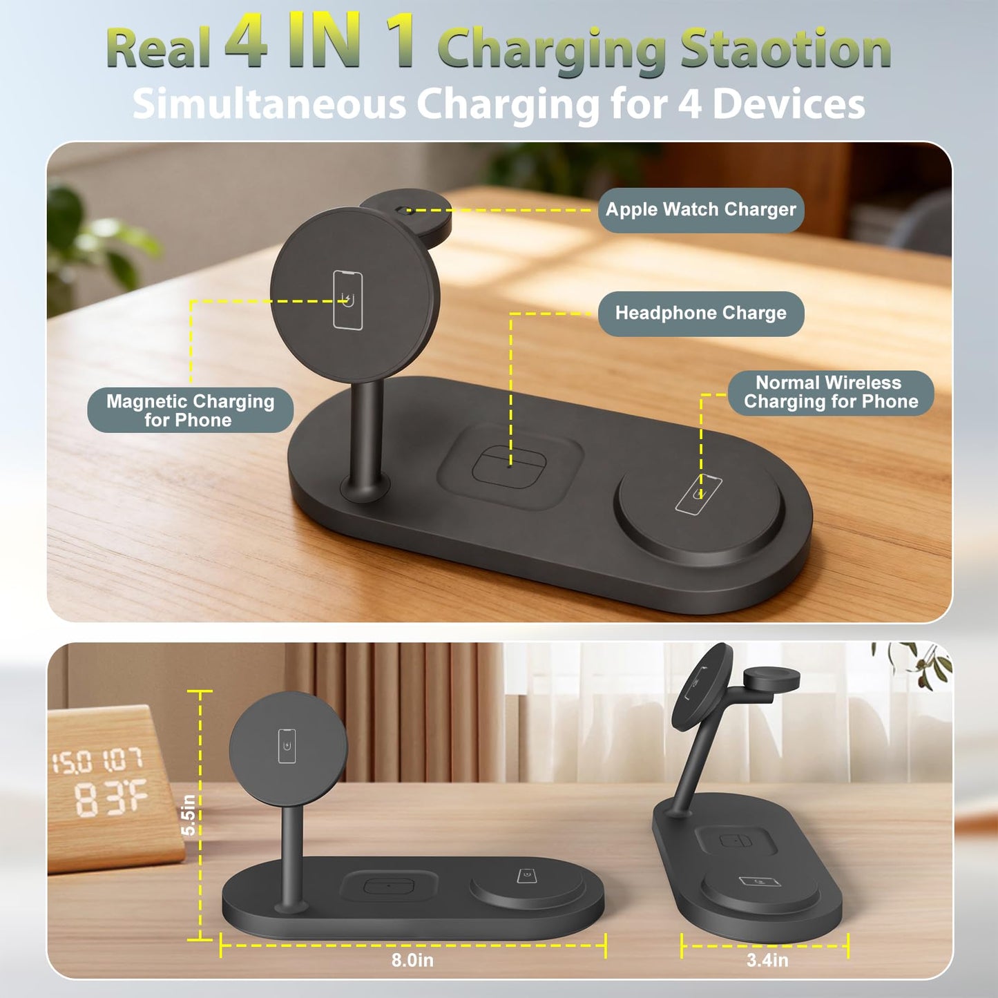 Dual Phone Wireless Charger, 30W Magnetic 4 in 1 Charging Station for Apple Devices, Charging Stand for iPhone 17/16/15/14/13/12 Series, Support for Apple Watch11/10 for AirPods4