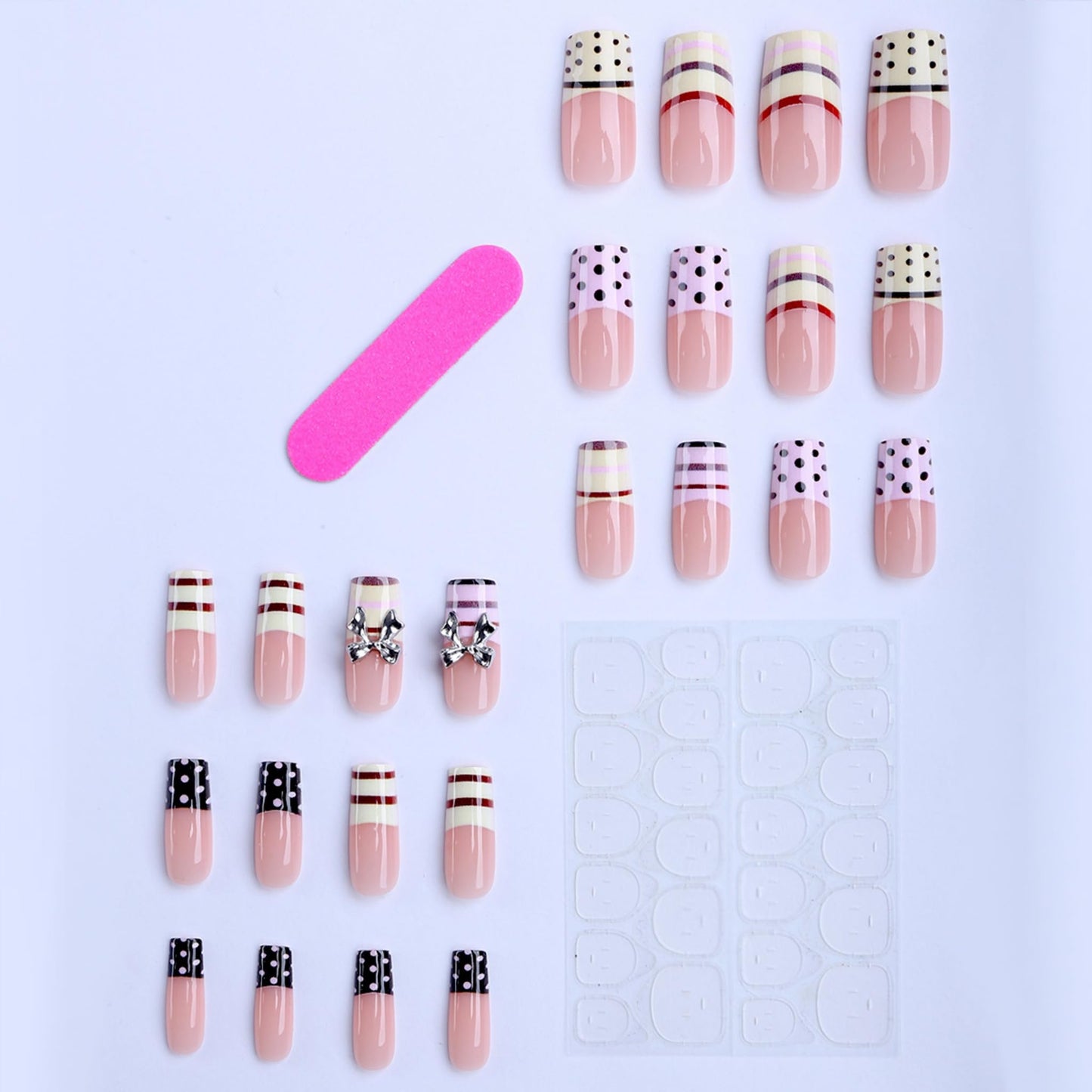 Long Press on Nails Square Fake Nails Pink Artificial Nail Brown Polka Dot Stripe Bow Charm Glossy Stick on Nail Sweet Retro Salon Look for Women 24pcs