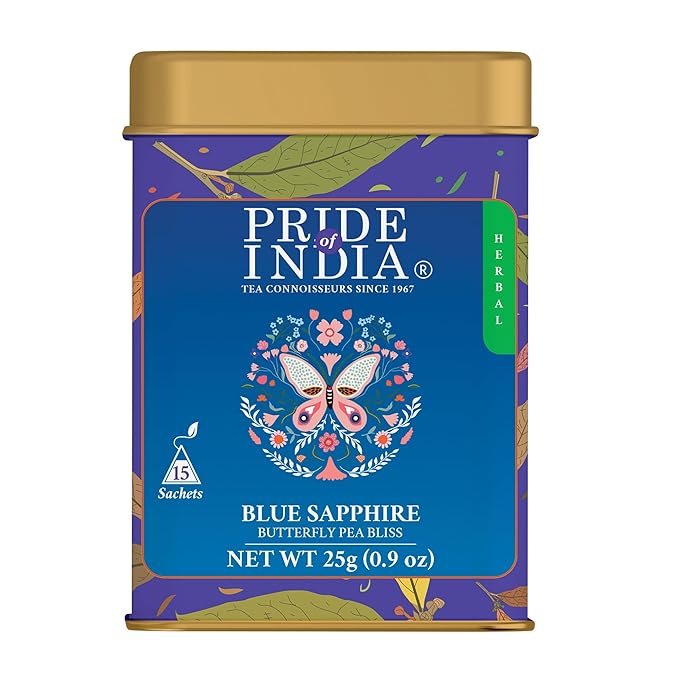 Pride of India | Blue Sapphire: Butterfly Pea Flower Tea 1 oz (28.3 gm) | 100% Pure Butterfly Pea Flower | Mild, Earthy Flavor & Subtle Floral Flavor | Premium Pyramid Nylon Tea Bags