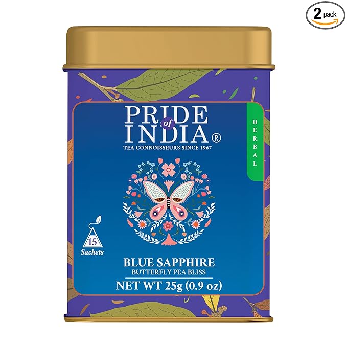 Pride of India | PACK of 2 - Blue Sapphire: Butterfly Pea Flower Tea 1 oz (28.3 gm) | 100% Pure Butterfly Pea Flower | Mild, Earthy Flavor & Subtle Floral Flavor | Premium Pyramid Nylon Tea Bags