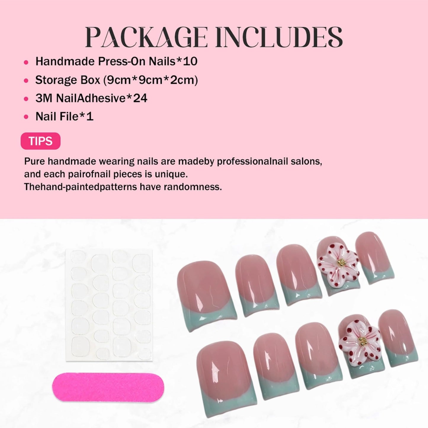 3D Flower Press on Nails Short Square Fake Nails Thick and Multi-Layer Gel Handmade Press On Nails Green French Tip False Nails with Designs Luxury Stick on Nail for Women Manicure (Size M)