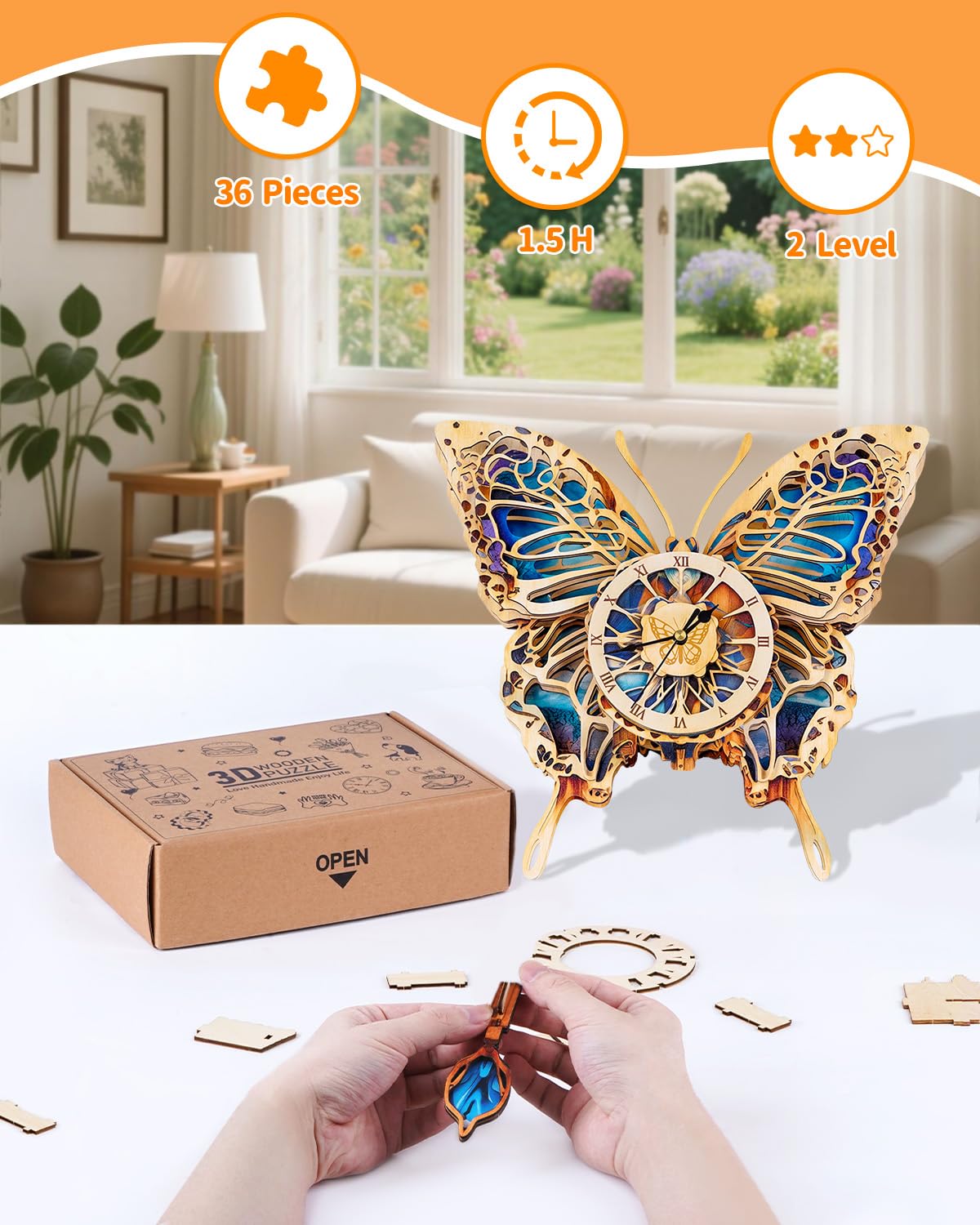 Rnfinewow 3D Puzzles for Adults, Butterfly Design Clock Kit with Pendulum, Beginner 3D Wooden Puzzles Model Kit DIY Crafts for Office Wall Decor Hobbies Birthday Christmas Idea Gift