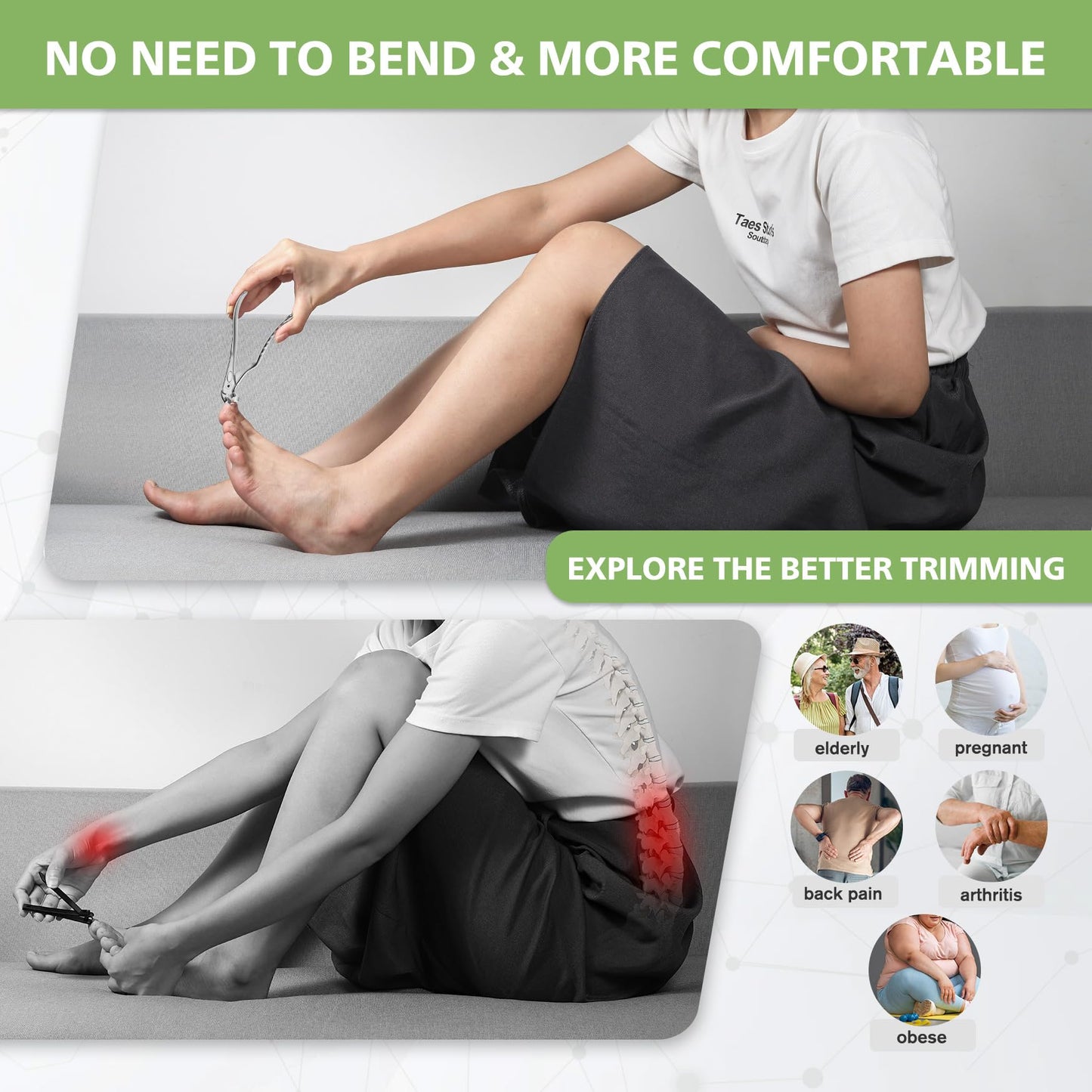 BALUCA Ergonomic Nail Clipper for Seniors - Toenail Clipper for Thick Toenails and Fingernails, Long Handle Nail Clippers with Catcher (Silver, Long Handle)
