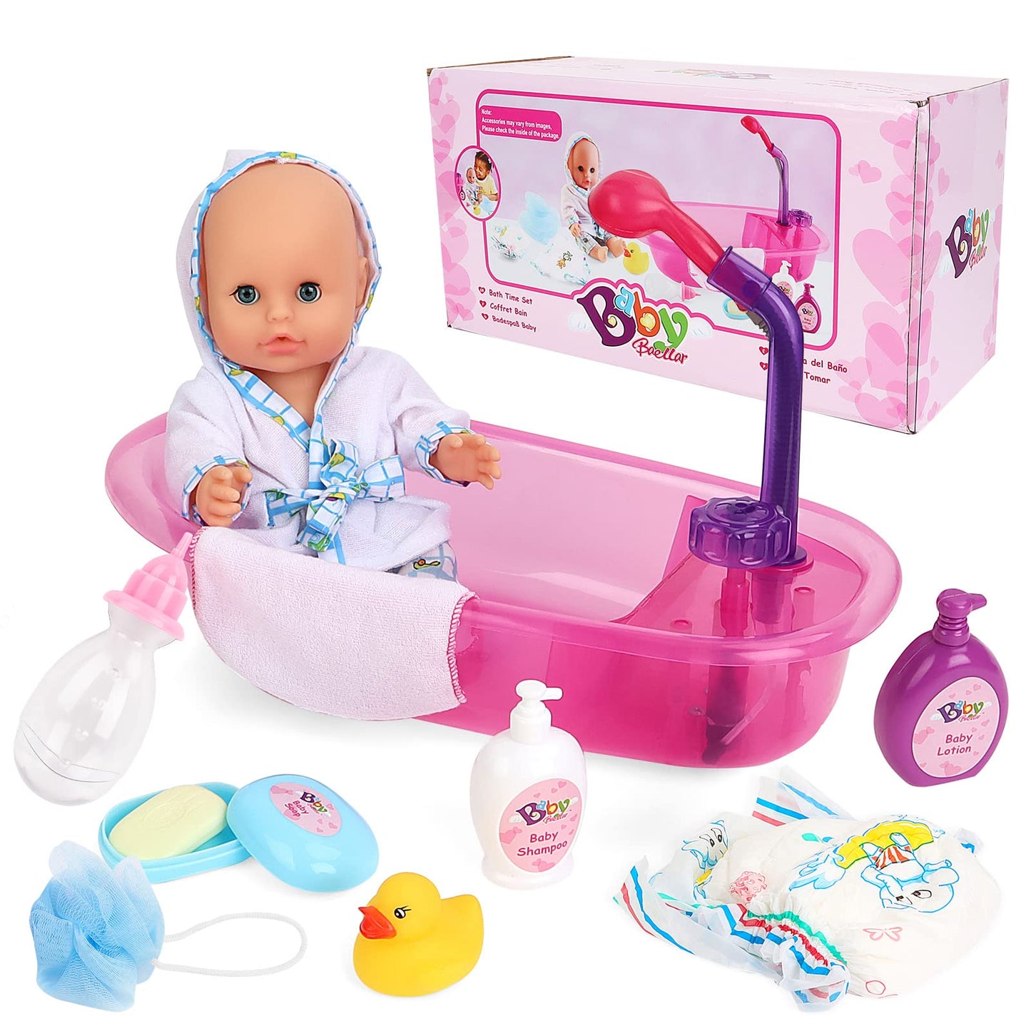 deAO Baby Doll Set with Bathtub,11PCS Doll Bath Set - Real Working Bathtub with Detachable Shower Spray,Toy Gift Set for 3+ Years Old Kids