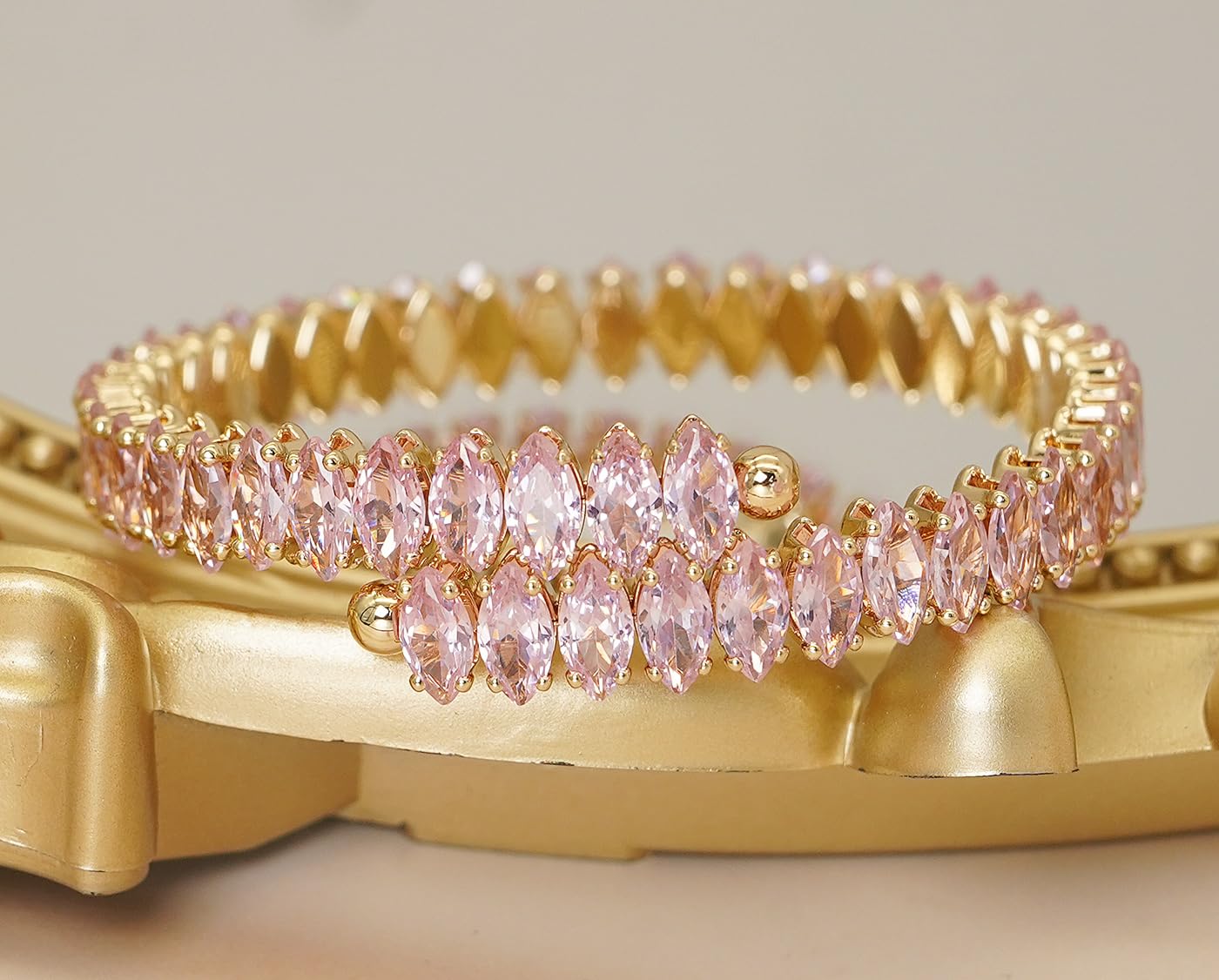 Wovanoo Rhinestone Cuff Bracelet Cubic Zirconia Tennis Bracelets Open Adjustable Bangle for Women Gold Pink