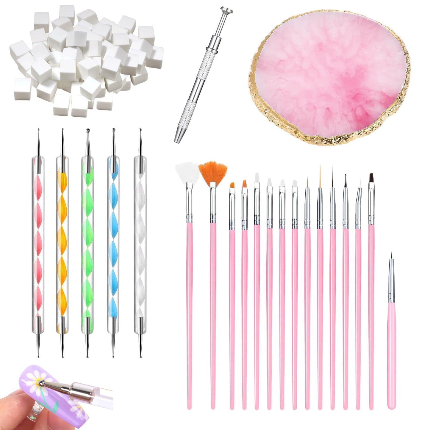 121 Pcs Nail Art Brushes Set, 15 Nail Brushes for Nails Art, 5 Double-Ended Color Mixing Tools, 100 White Small Sponges, 1 Small Gripper and 1 Nails Art Palette for nail Art DIY