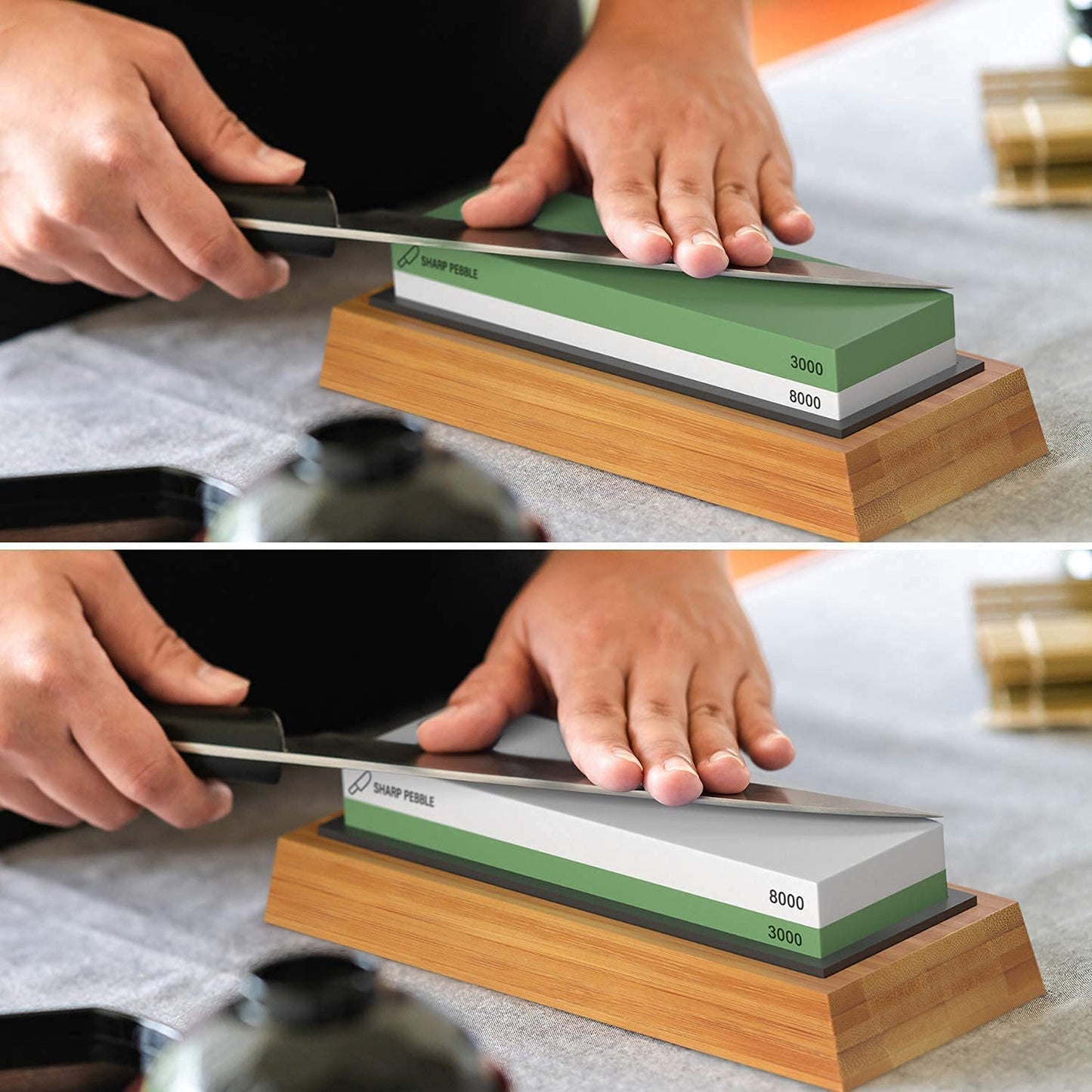 Sharp Pebble Knife Sharpening Stones Kit with 1000/6000 and 3000/8000 Grit with Flattening Stone & Angle Guide
