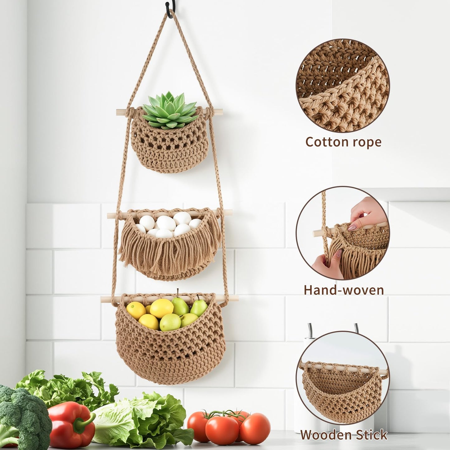 SFSSCDF 3 Tier Hanging Fruit Basket for Kitchen, Macrame Produce Hammock for Potato and Onion Storage, Handwoven Cotton Rope Wall Hanging Vegetable Baskets, Boho Kitchen Decor & Space Saver
