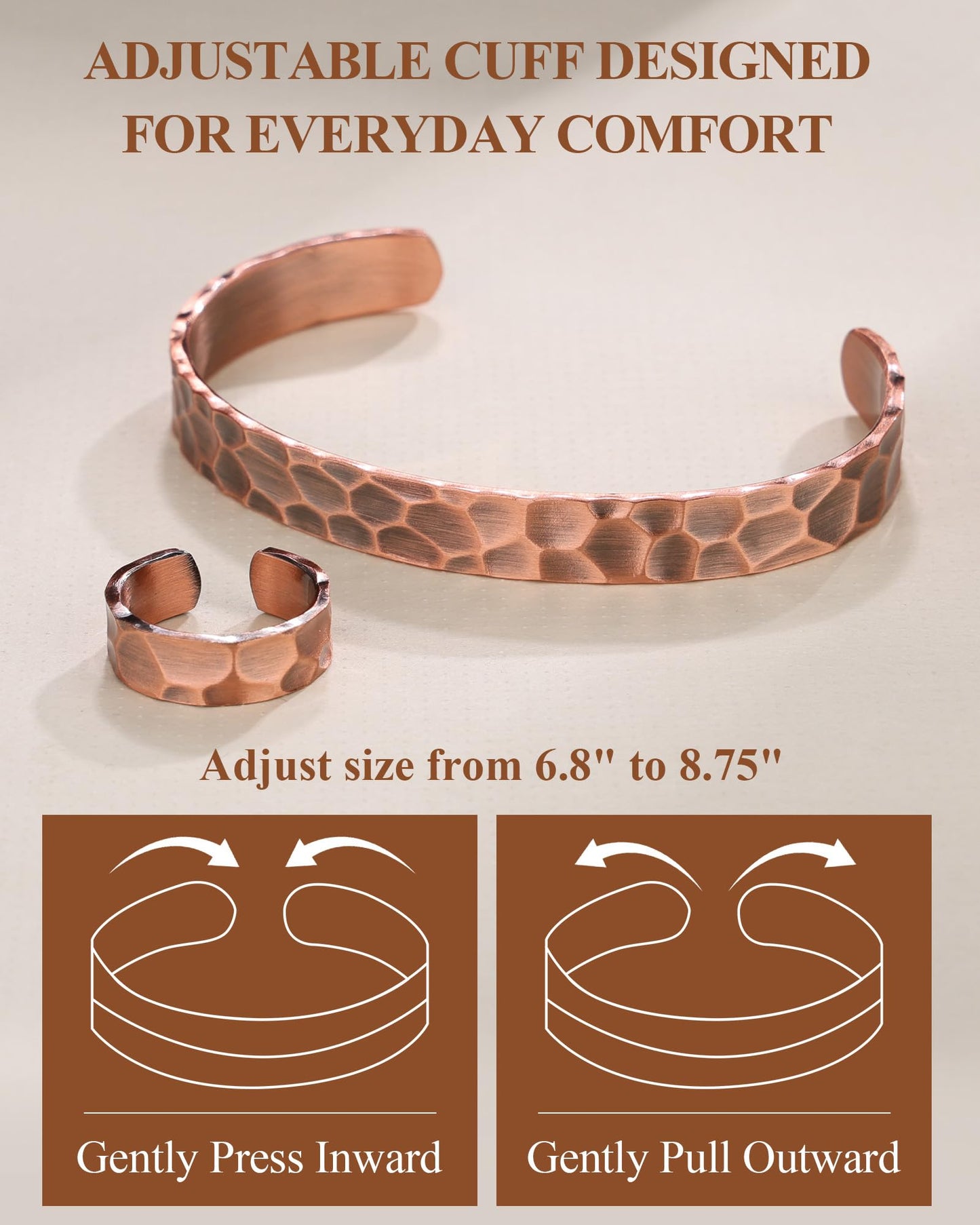 Fashtour Pure Copper Bracelet and Ring Set – Copper Bracelet for Men & Women – 100% Solid, Raw & Uncoated Handmade Hammered Tibetan Cuff Bangle (copper079)