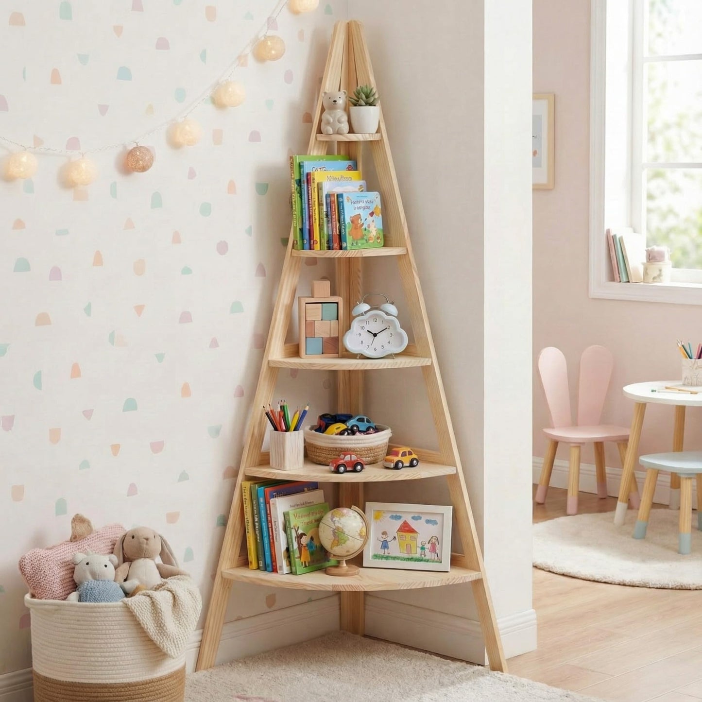 Vercraft 63" Tall Wooden Corner Bookshelf 6 Tier Village Display Stand Large Wood DIY Corner Shelf Display Platforms for Bedroom Living Room Classroom Decor