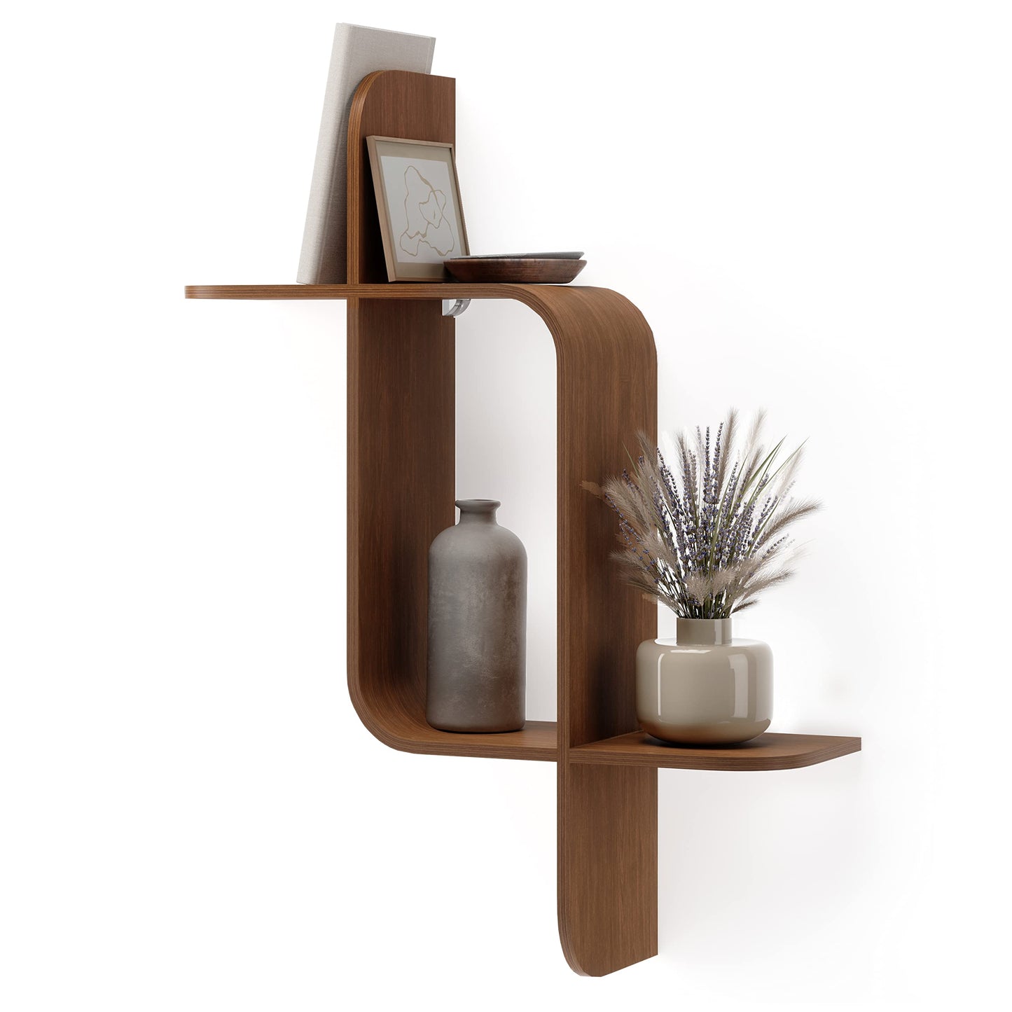 Umbra Montage Floating Wall Shelf Display Case, Made of Natural Bent Wood, Light Walnut