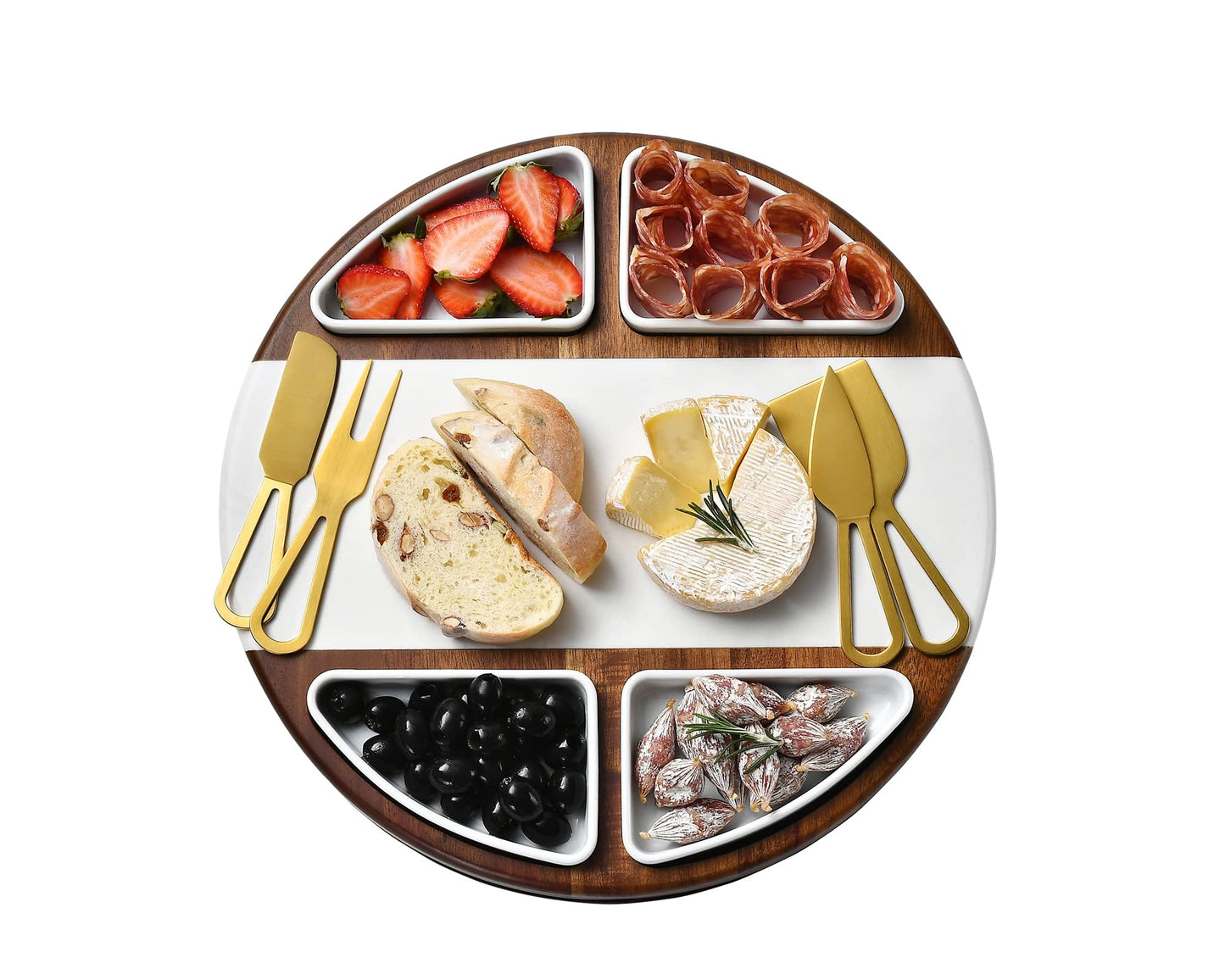 Shanik Upgraded Lazy Susan Cheese Cutting Board Set - Round Acacia Charcuterie Board with 4 Ceramic Bowls - Wedding Gifts - Cheese Serving Platter - Bridal Shower