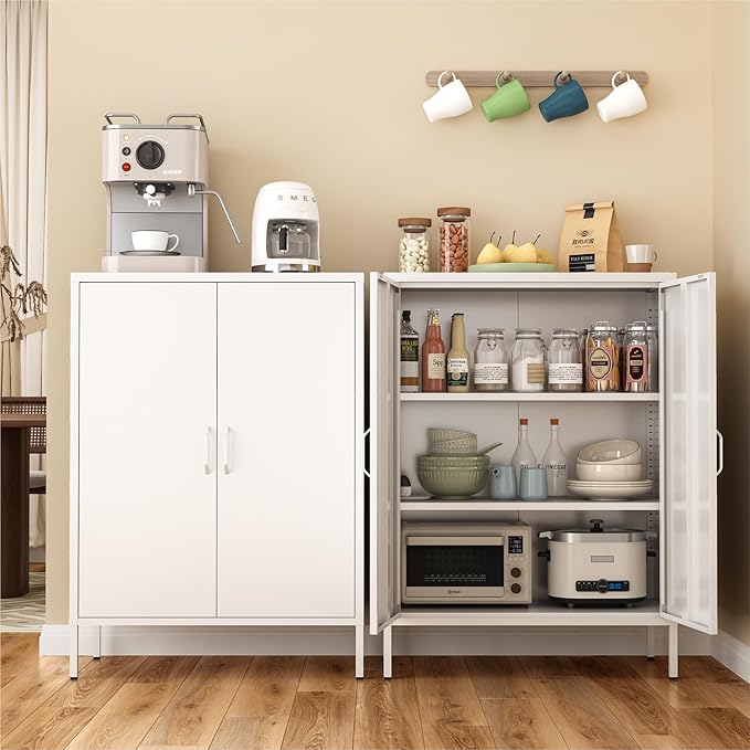 Metal Locker Cabinet, White Accent Storage Cabinets with 2 Doors And Adjustable Shelves, 3 Tier Modern Storage Freestanding Sideboard for Living Room,School,Office Home Kitchen (White, 2Doors-40"H)