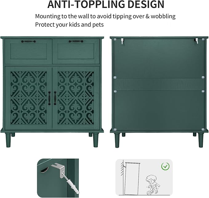 Kitchen Storage Cabinet with Drawers - Accent Cabinet with Carved Door, Floor Sideboard Buffet with Storage, Small Wood Credenza for Living Room, Dining Room, Entryway, Green