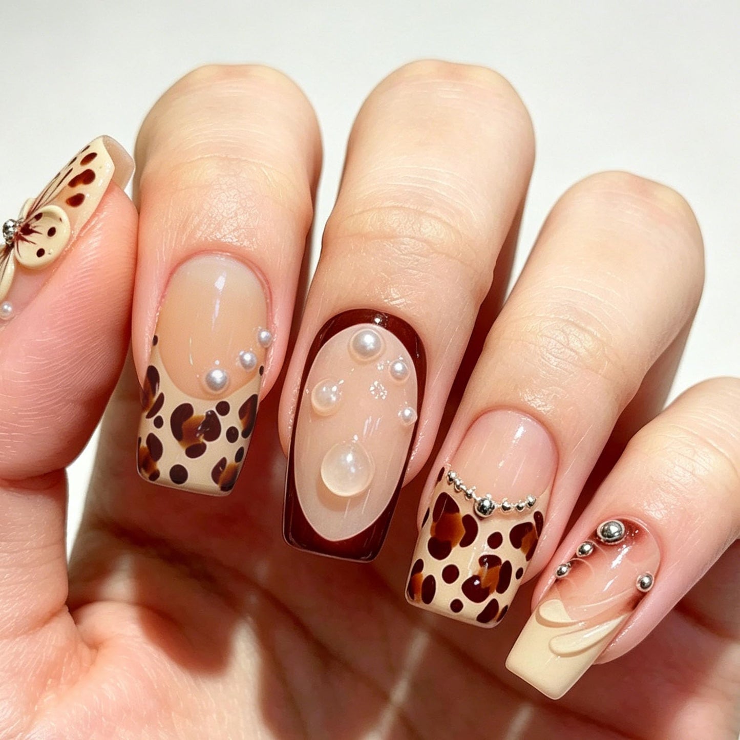 10 Pcs Handmade Press on Nails Medium Square Fake Nails with Brown Leopard Print French Tip Design 3D Flower False Nails Acrylic Nude Press Ons Nails Square M Size for Women Fall Manicure