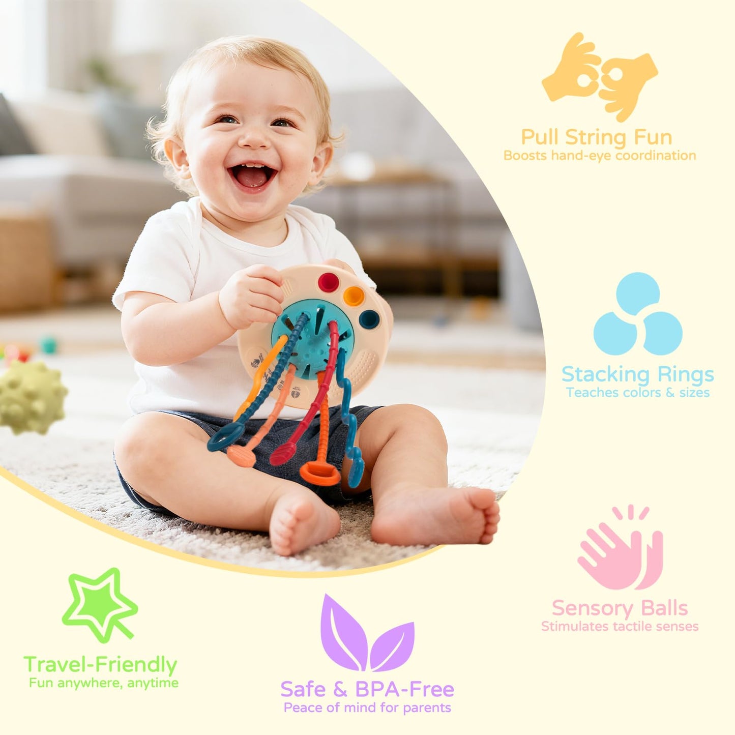 Fyxttalor Montessori Baby Toys for 12M+, UFO Sensory Play Set for Toddlers, Pull String Pull String Toy in Stollers Developmental Toys for Fine Motor Skills Gift for Boys& Girls