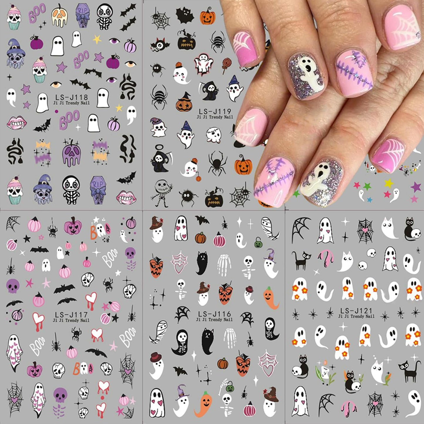 Halloween Nail Stickers for Nail Art, 6 Sheets Halloween Nail Art Stickers Cute Pumpkin Spider Ghost Nail Decals 3D Self-Adhesive Skull Cat Spider Web Nail Designs Charms for Women Manicure Decoration