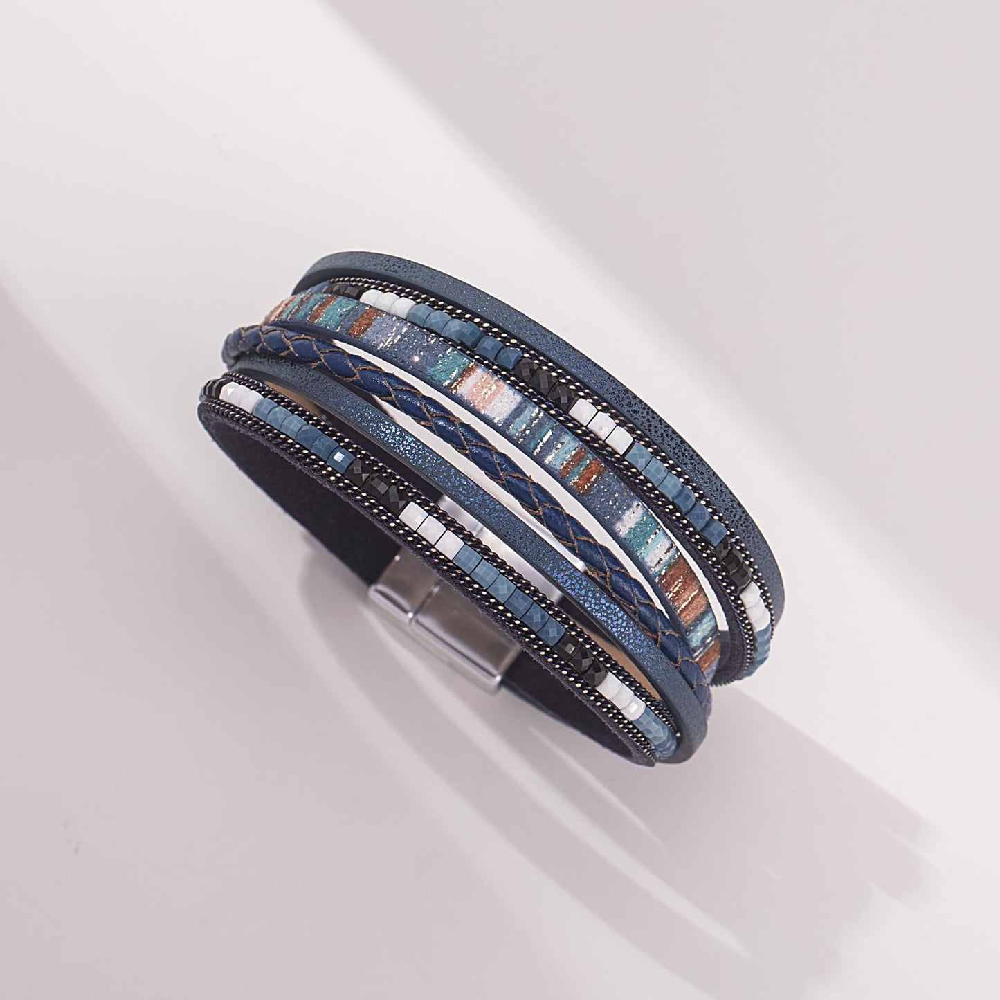 FANCY SHINY Boho Leather Wrap Bracelets Trendy Layered Bracelets with Magnetic Clasp Strackable Bohemian Cuff Jewelry Gifts for Women(Navy Blue)
