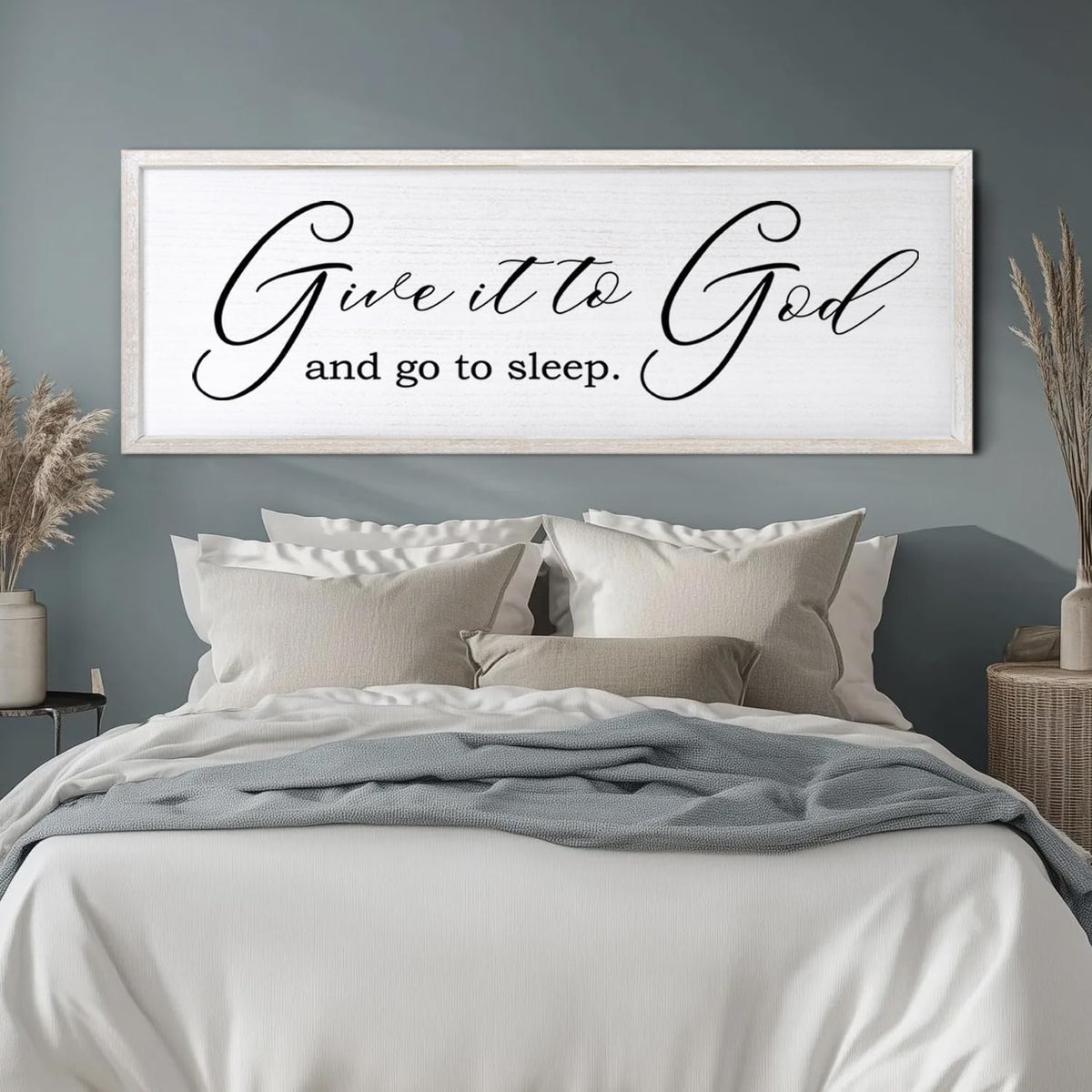 Give It To God And Go To Sleep Sign Wall Decor 40x15 Inch Large Farmhouse Master Bedroom Above Bed Hanging Wall Art Rustic Guest Room Wood Framed Over Bed Wall Decoration (White)