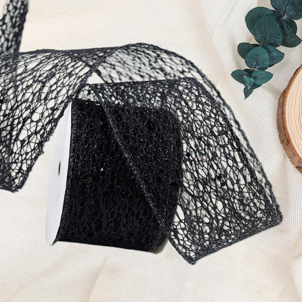 CABODYALS 10 Yards 2.48 Inch Black Glitter Mesh Ribbon Wire Edge Wide Netting Sparkly with Sequins Paillettes Fabric Ribbons for Gift Wrapping Bow Making Bouquet Wedding Home Decor DIY Craft Supply