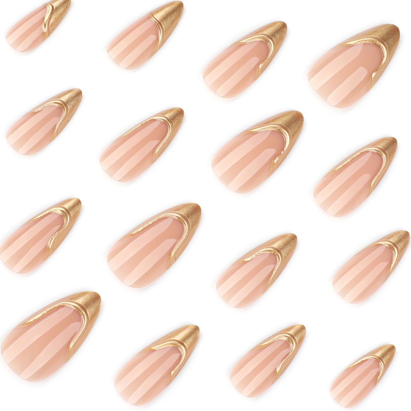 RUOKEXIN Almond Press on Nails French Tip Fake Nails Gold False Nails with 3D Designs Medium Length Nail Press ons Sparkly Artificial Nails for Women 24Pcs