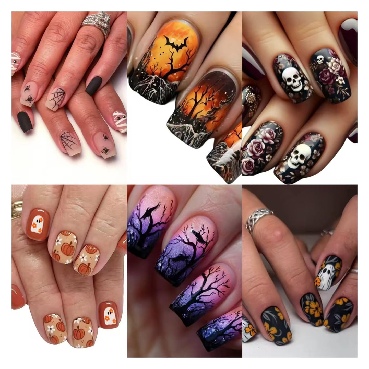 144 Pcs Halloween Press on Nails Short Medium Square Fake Nails 12 Size Ghost Pumpkin Matte Stick on Nail 6 Style Cute Halloween False Nails with Skull Acrylis Nails for Women(not include tooltik)