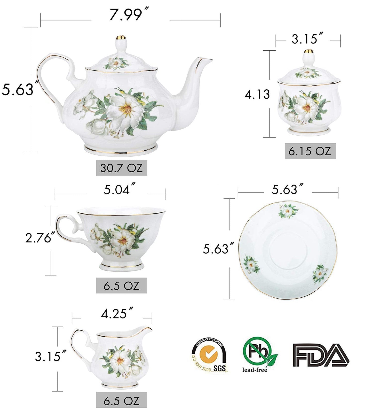 CHENP.HMC Porcelain Tea Set Tea Cup Set 22-Piece Porcelain Ceramic Coffee Tea Gift Sets Cups Saucer Service for 6 Teapot Sugar Bowl Creamer Pitcher and Teaspoons tea pot sets(Camellia)