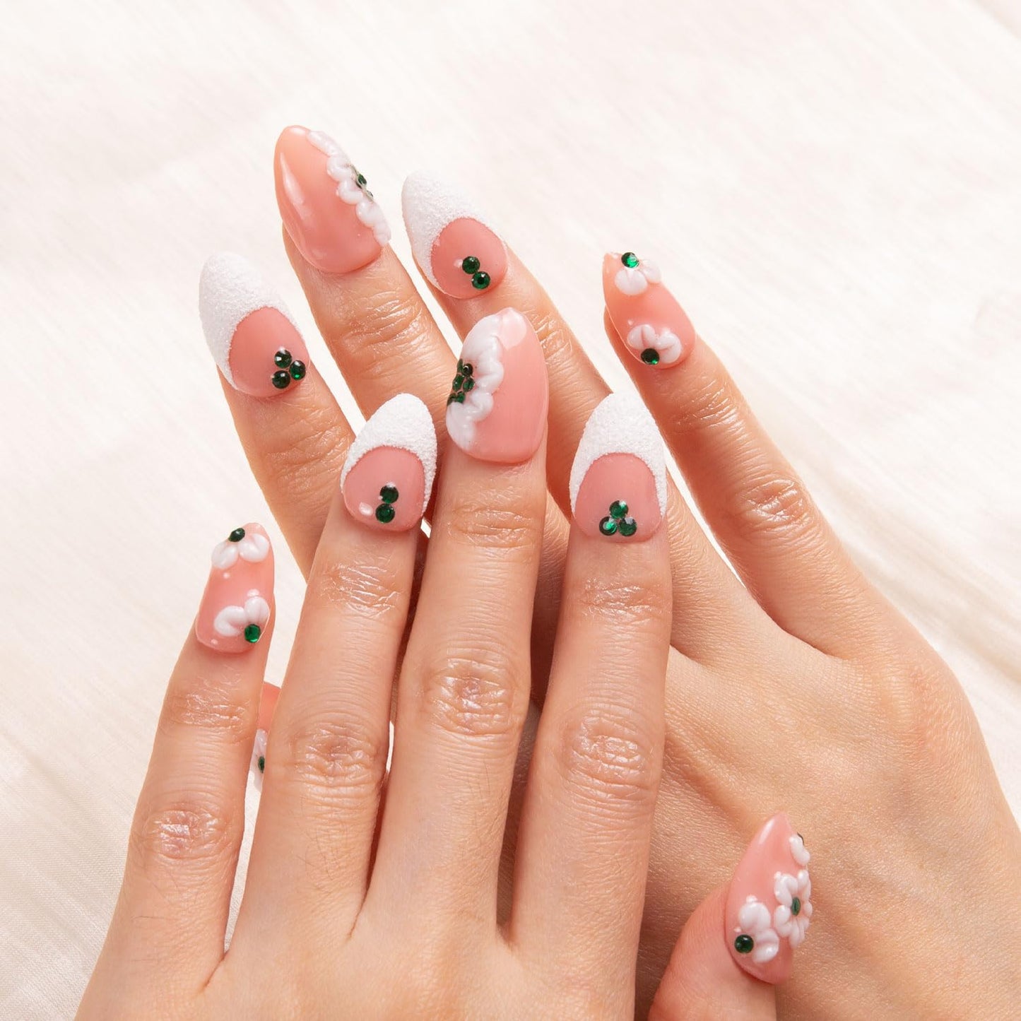 LOVFUL Press on Nails Floral French Tip | Handmade with Full Covered Crystals | Reusable Fake Nails | Almond Short 0.8 in | H70-L