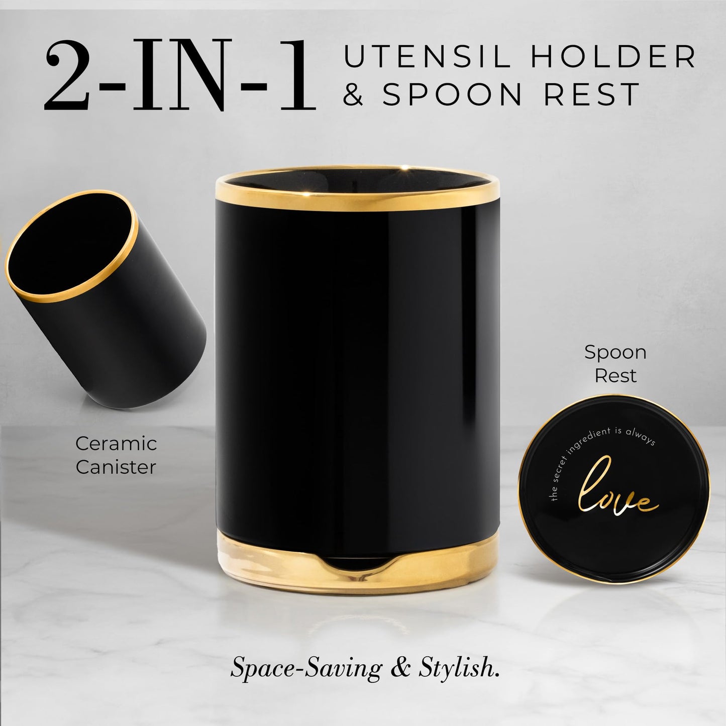 STYLED SETTINGS Black and Gold Kitchen Utensils Set – 8 Piece Silicone Cooking Utensils with Gold Handles, Black Ceramic Utensil Holder & Spoon Rest – Heat Resistant, Nonstick Safe, Sleek Storage