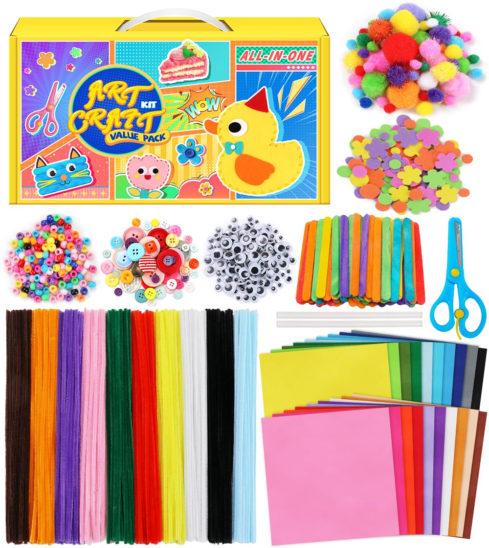 Eppingwin Pipe Cleaners Craft Kits, Craft Kit Includes Pom Poms, Felt Sheets, Pony Beads, Arts and Crafts Supllies for Arts Crafts DIY