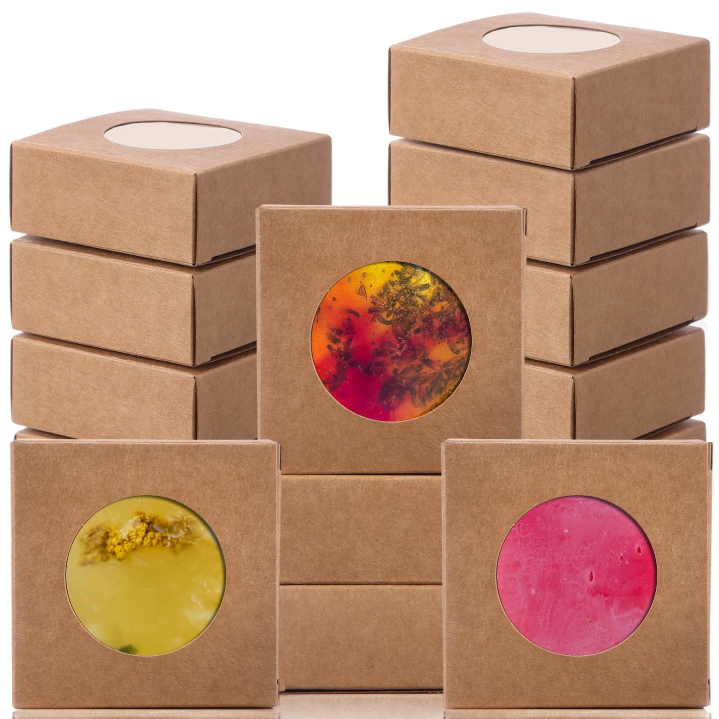 TaoBary 100 Pcs Soap Boxes for Homemade, 3 x 3 x 1.2 Inch Small Paper Gift Packaging Boxes with Window, Gift Wrappers for Soap Packaging Making Party Favor(Round,Kraft)
