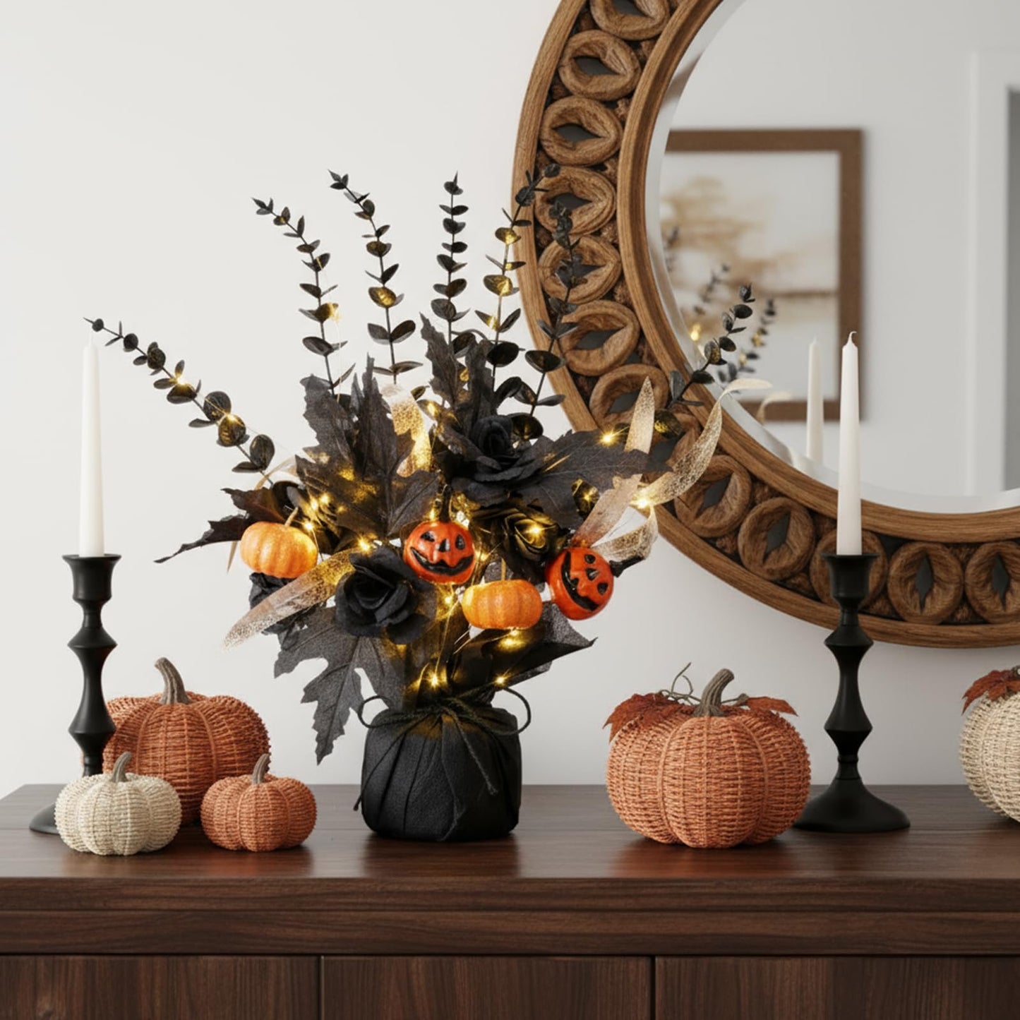 Pinkunn 2 Packs Halloween Centerpiece for Table, Halloween Table Tree Decoration with Light, Artificial Pumpkin Tabletop Tree 16 Inches with Black Eucalyptus Branches Burlap Base Decor for Home Indoor