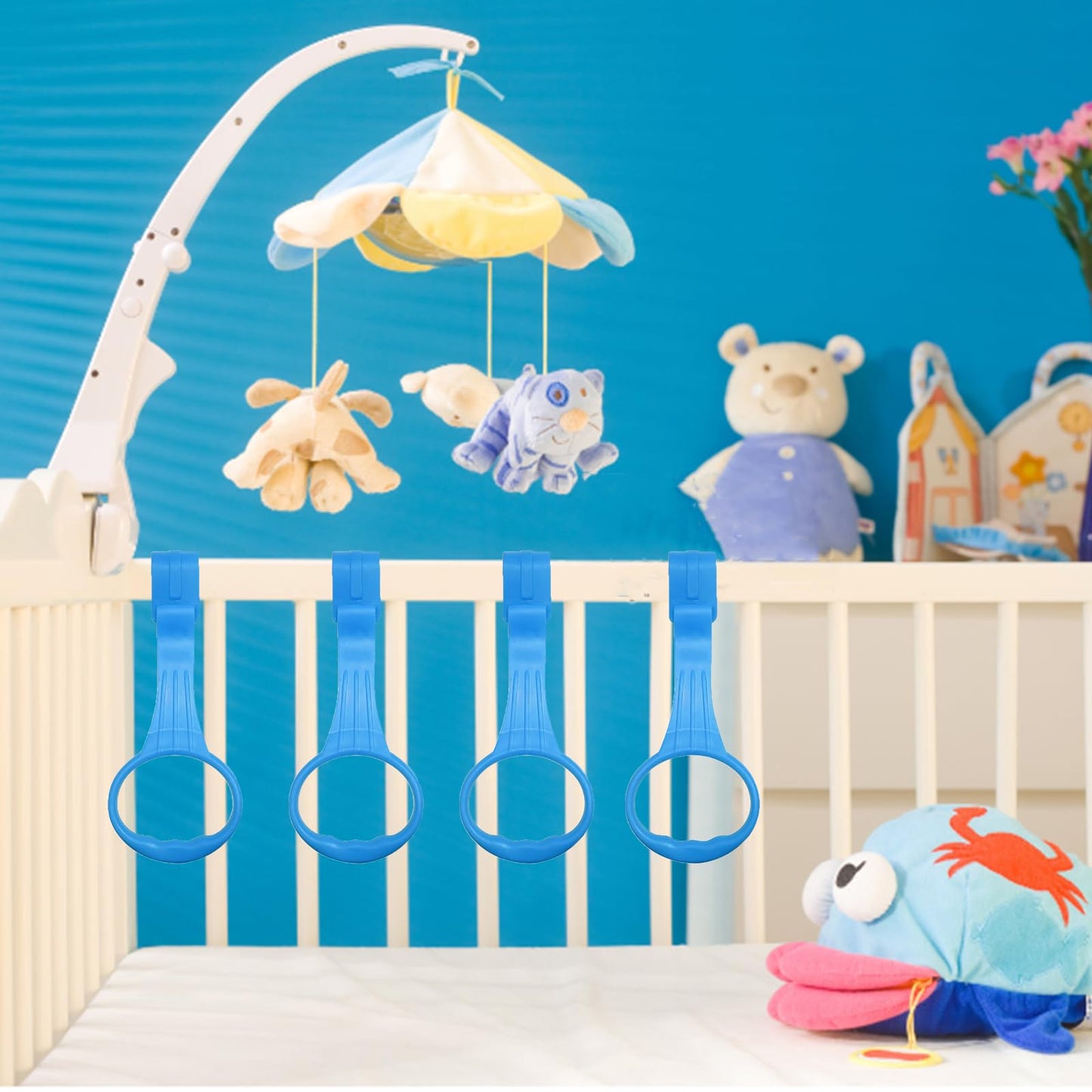 Awleynz 4Pcs Baby Playpen Pull up Rings, Pull up Rings for Play Pen, Playpen Accessories for Help Stand Up Walking Training Tool Newborn (Blue)