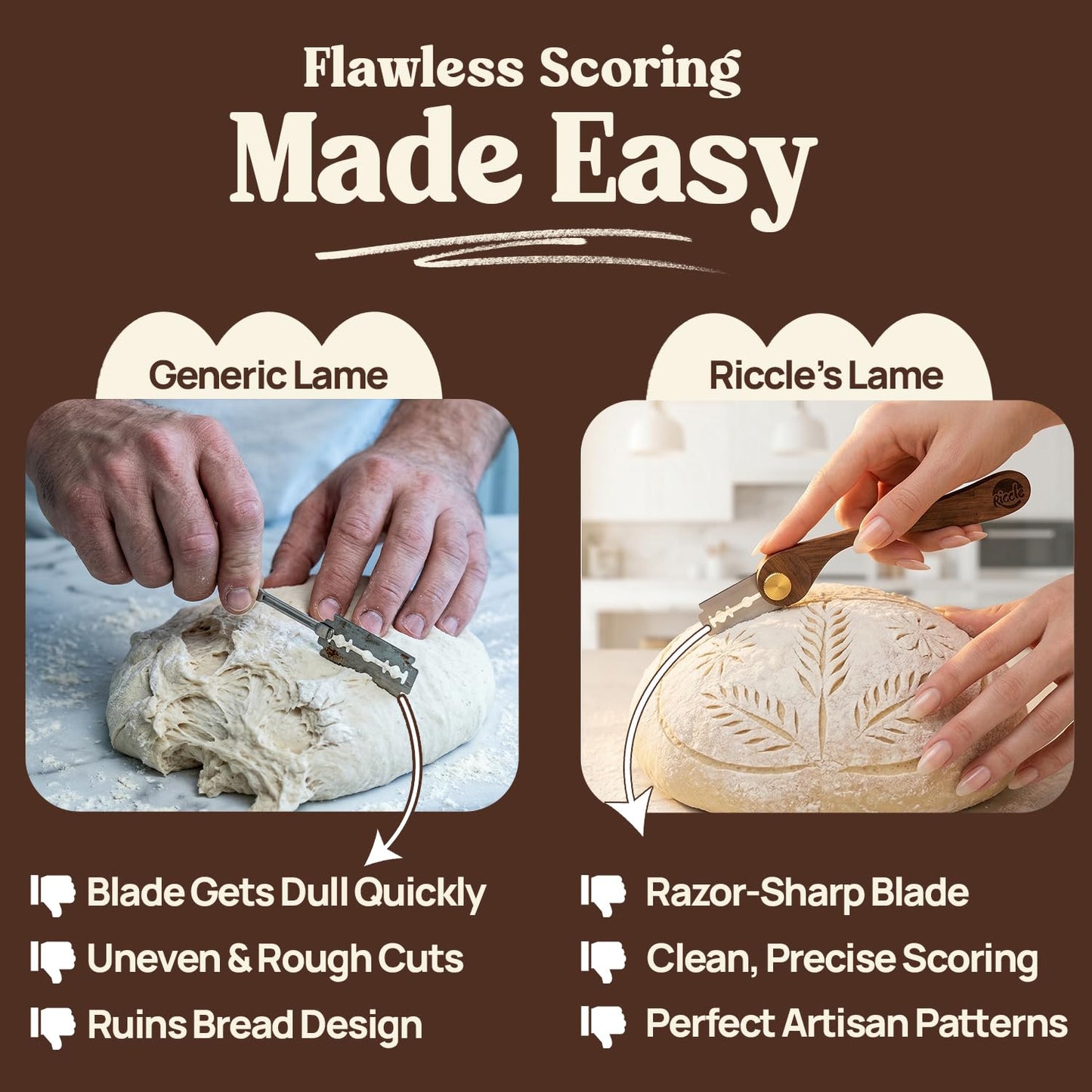 RICCLE Goose Bread Lame for Sourdough Bread, Walnut Wood Bread Scoring Tool with 15 Replacement Blades, Magnetic Safety Guard and Finger Sleeves for Artisan Baking