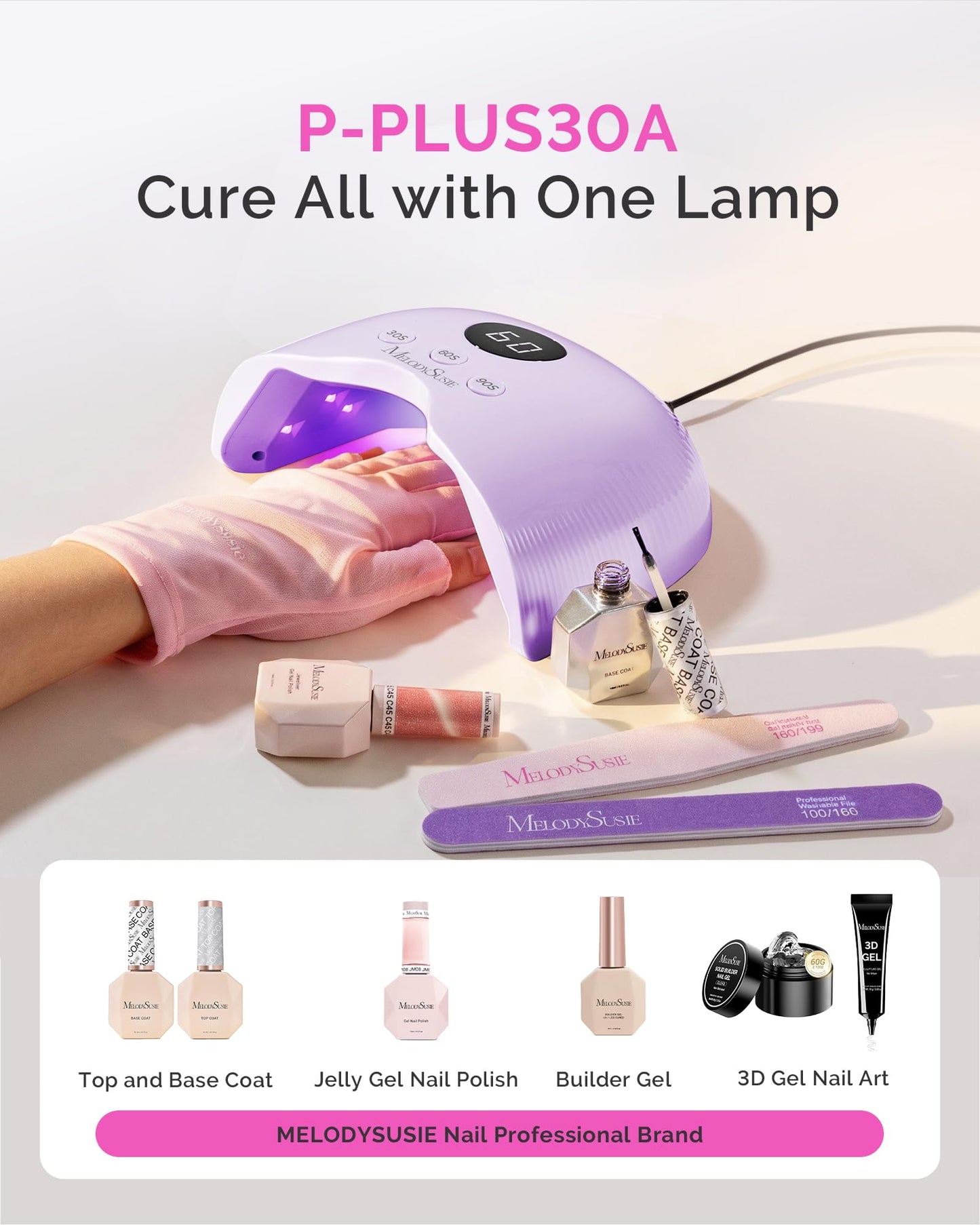 MelodySusie Compact LED UV Nail Lamp with UV Gloves, P-PLUS30A Nail Dryer with Smart Sensor Cures All Gels, Especially Rhinestone Glue, Liner & Cat Eye Gel Polishes for Advanced DIY at Home, Purple