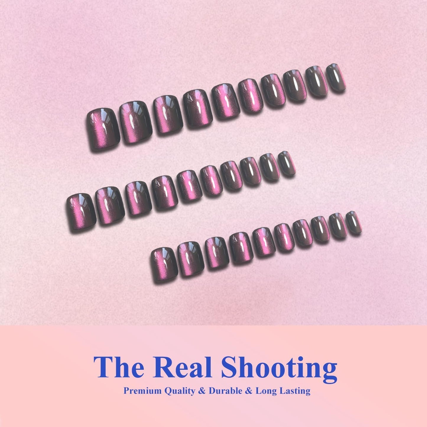 KQueenest Cat Eye Press On Nails Short - Dark Pink Press On Nails Square, 30 Pcs 15 Sizes Glitter Black Fake Nails Press ons, Thick Quality, Reusable Small Glue on Nail for Women Goth Party