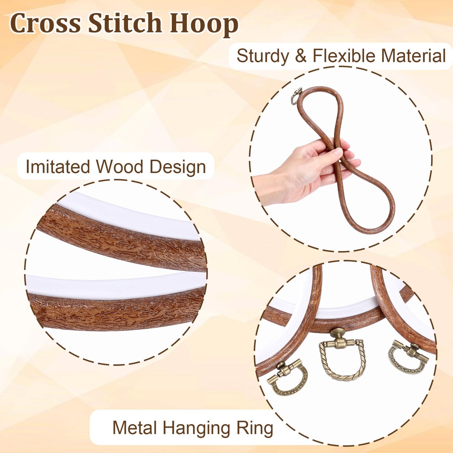OwnMy 6PCS Embroidery Hoops with Hanging Rings - Decorative Imitated Wood Embroidery Hoop Frames for Display, 3 Oval and 3 Circle Cross Stitch Hoops for DIY Sewing Crafts