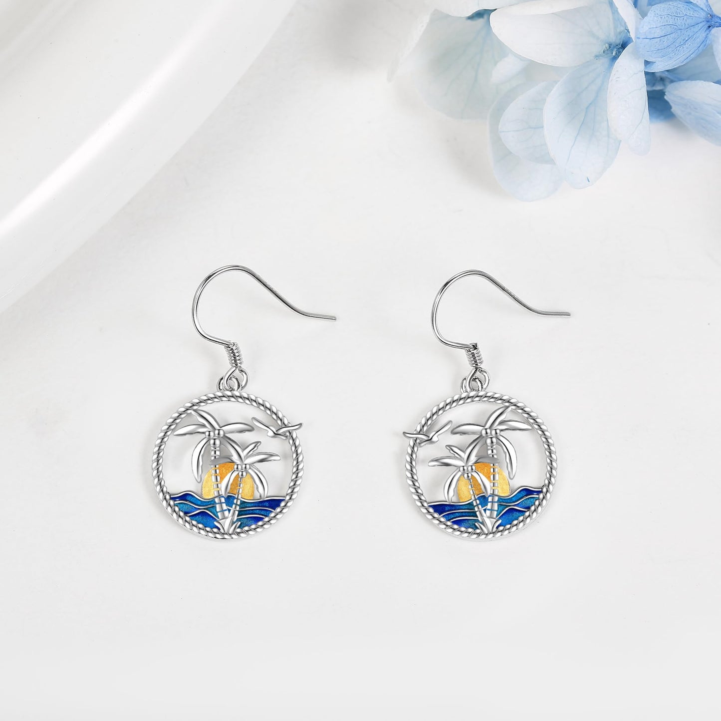 Palm Tree Dangle Earrings S925 Sterling Silver Coconut Tree Jewelry Palm Tree Earring Beach Sunrise Ocean Wave Earrings Gift For Women Female Birthday Gift