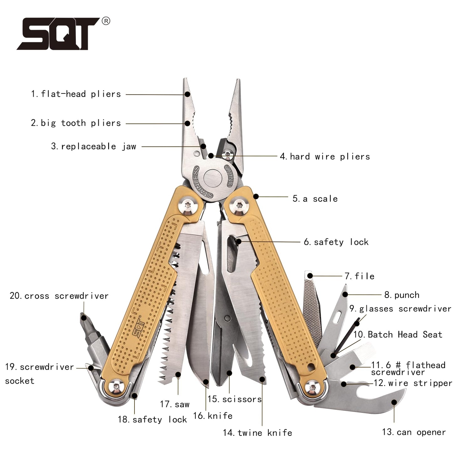 SQT2048 20-in-1 Multitool, Foldable & Self-Locking, Professional Tool for DIY, Home Repairs, Outdoor Camping – Must-Have Gifts for Men, Compact, Durable, All-in-One Tool for Every Task, Gold