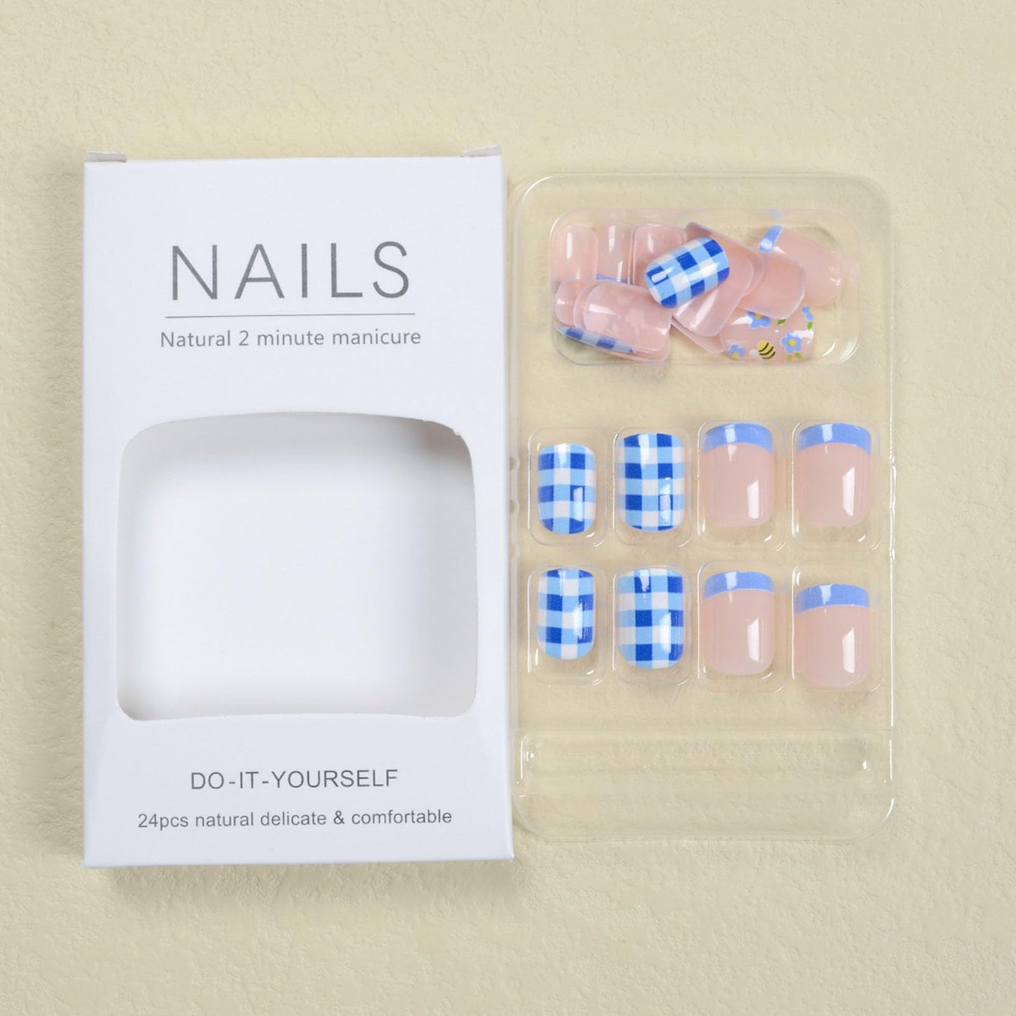 French Tip Press on Nails Short Square Fake Nails with Floral Blue White Checkered Designs Nails Press ons Cute Glue on Nails Glossy False Nails Spring Summer Stick on Nails for Women 24Pcs