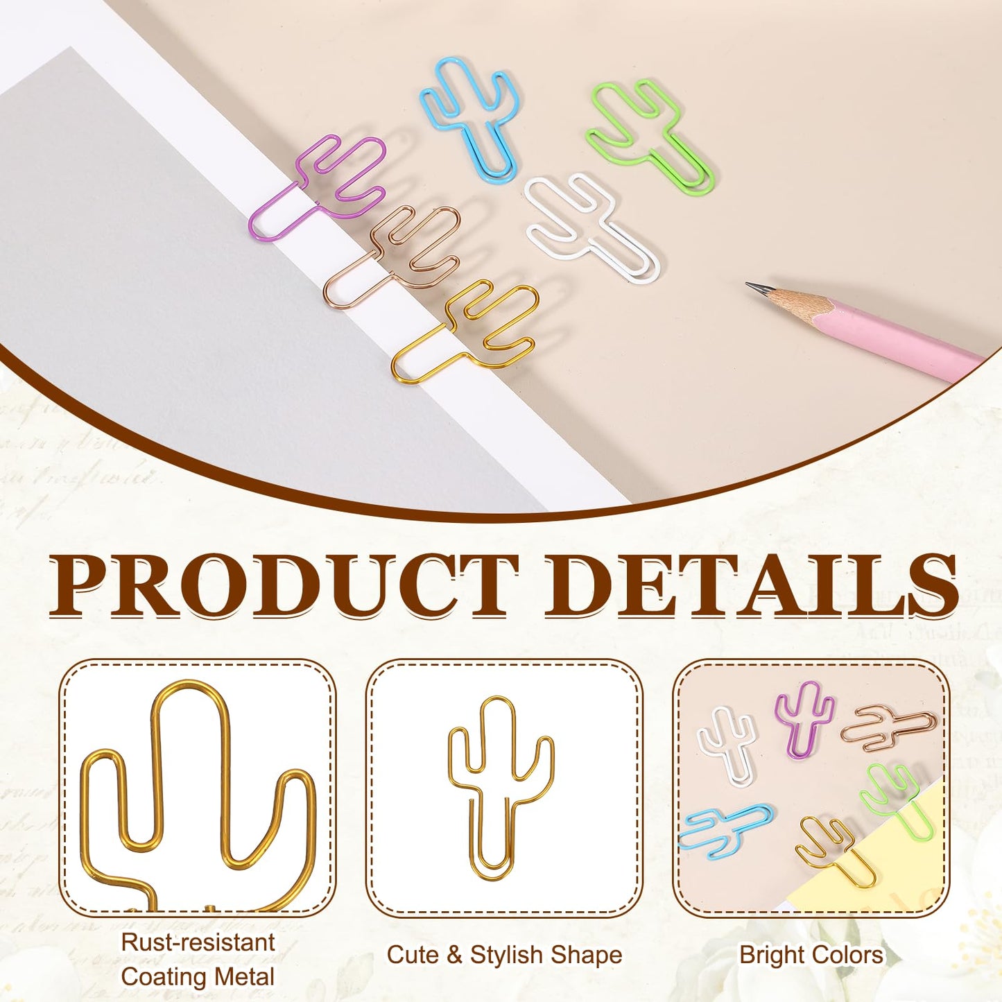 PATIKIL 60Pcs Paper Clip, Cactus Shape Metal Paper Clip Rust-Proof Small Cute Lovely Decorative Bookmarks for Notebook Document Office Home Supplies, Gold