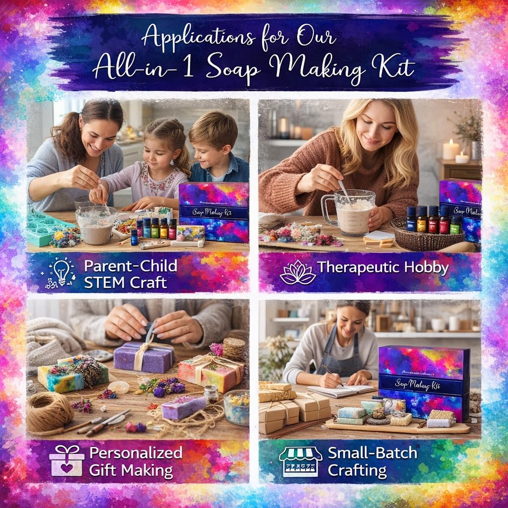 Soap Making Kit for Adults, Make Your Own Soap with Melt & Pour diy gentle soap supplies; 6 Essential Oils, Silicone Soap Mold, Spoon, Dried Flowers, 1.5lbs. Goats Milk Soap Base, 4 Colors, 9 Labels