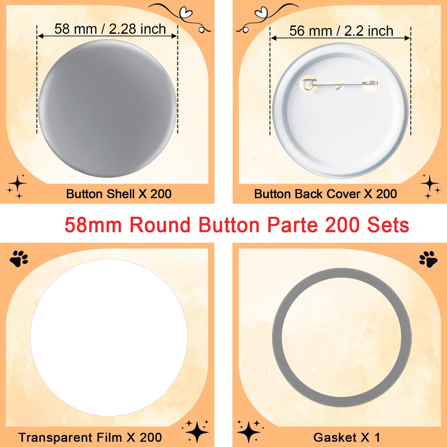200 Sets 58mm Button Maker Supplies, 2.28 Inch Button Supplies Blank Badge Parts Includes Metal Covers, Plastic Backs& Clear Film, Compatible with Button Maker/Pin Press Machine