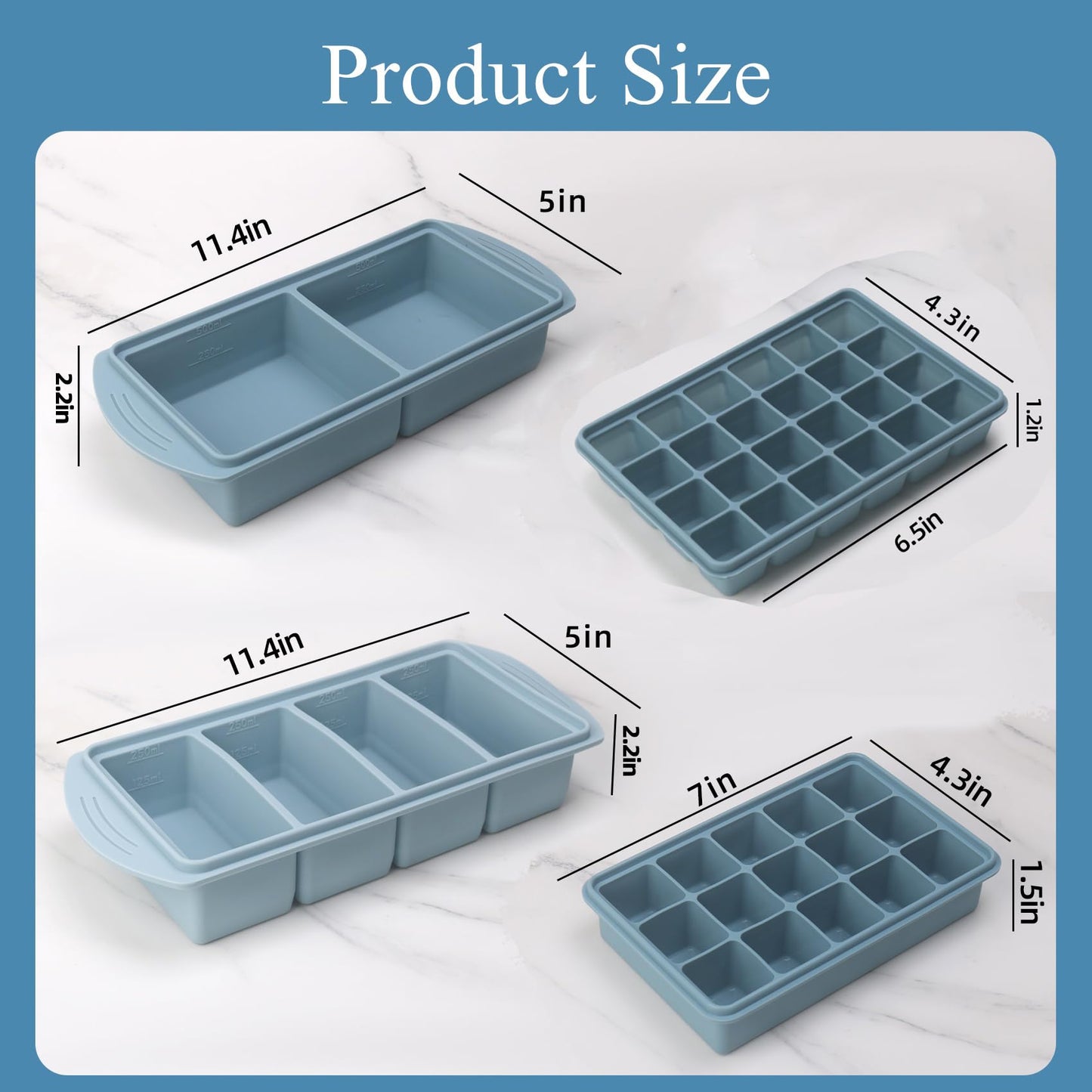 witice Silicone Freezer Molds Gift Set with 1 Tbsp,2 Tbsp, 1, and 2 Cup Silicone Freezer Trays With Lids - Meal Prep and Kitchen Essentials Bundle - (Blue 4 Pack)