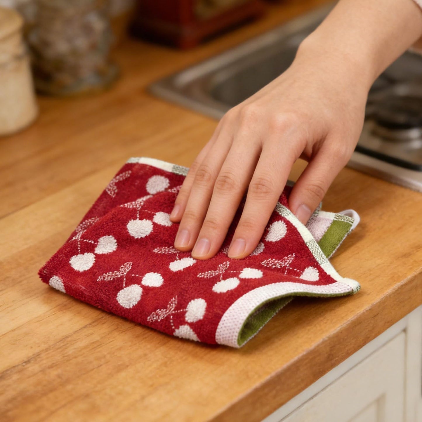 Cleanbear Cherry Pattern Washcloths 6 Pack, Reversible Cotton Wash Cloths 13 x 13 Inches, Soft Absorbent Face Towels for Bathroom, Red