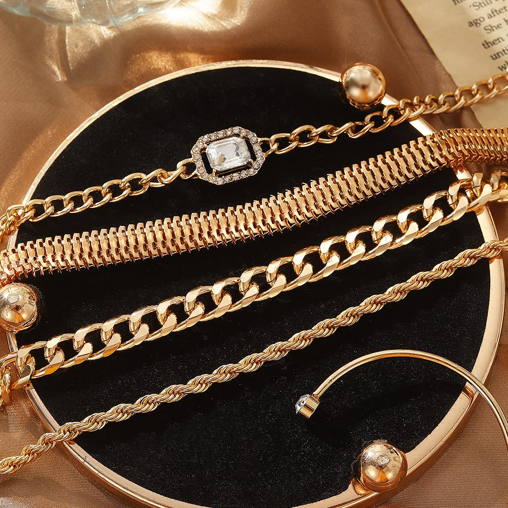KISS WIFE 15 Pcs Golden Bracelets Set for Women, Multiple Layered Stackable Open Cuff Bangle, Adjustable Cuban Link Chain Tennis Bracelet Pack, Dainty Classic Aesthetic Jewelry