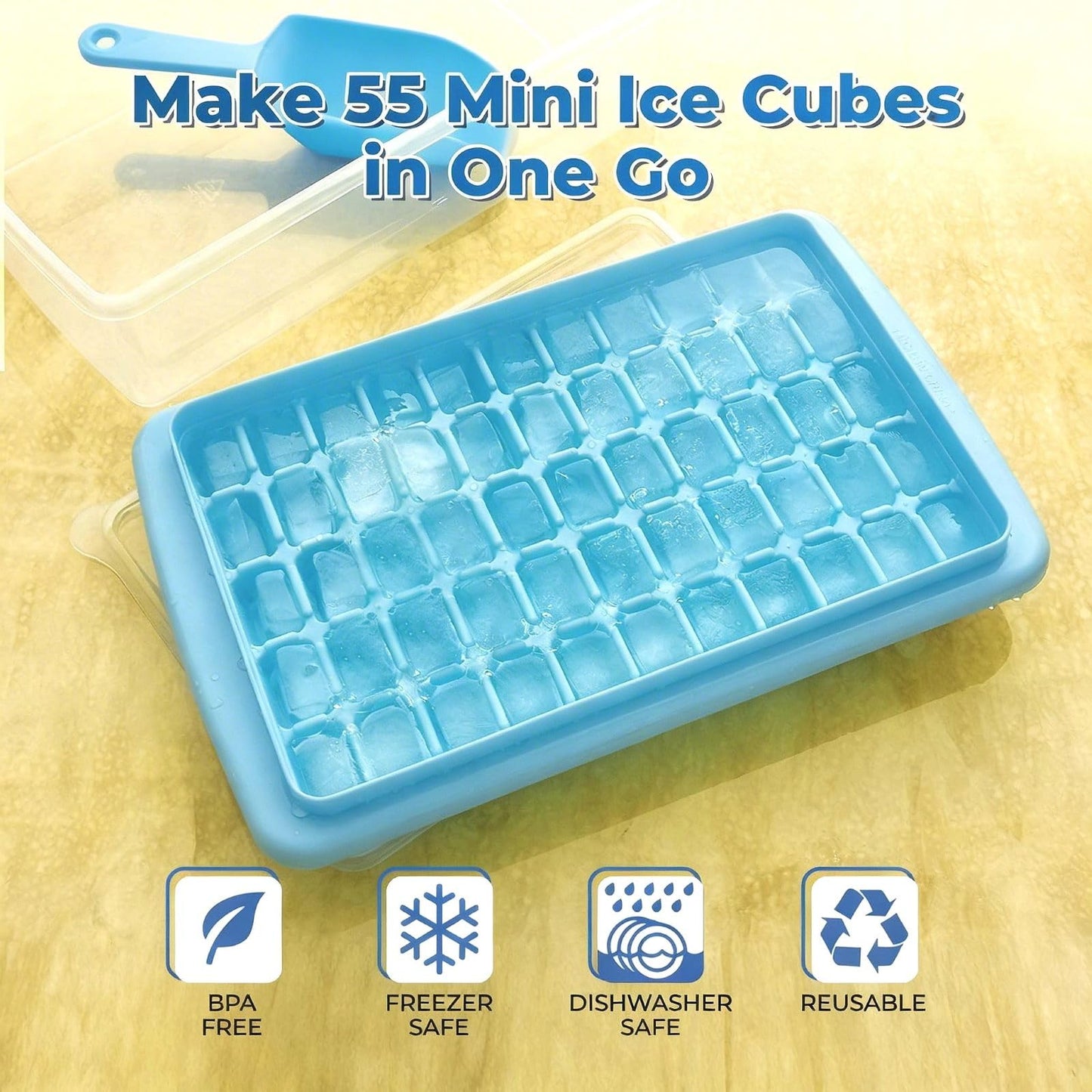 ARTLEO 2Pack Ice Cube Tray with Lid and Bin for Freezer, Easy Release 55 Mini Ice Cube Tray with Cover, Storage Container, Scoop, Flexible Durable Plastic Nugget Ice Cube Mold & Bucket, BPA Free