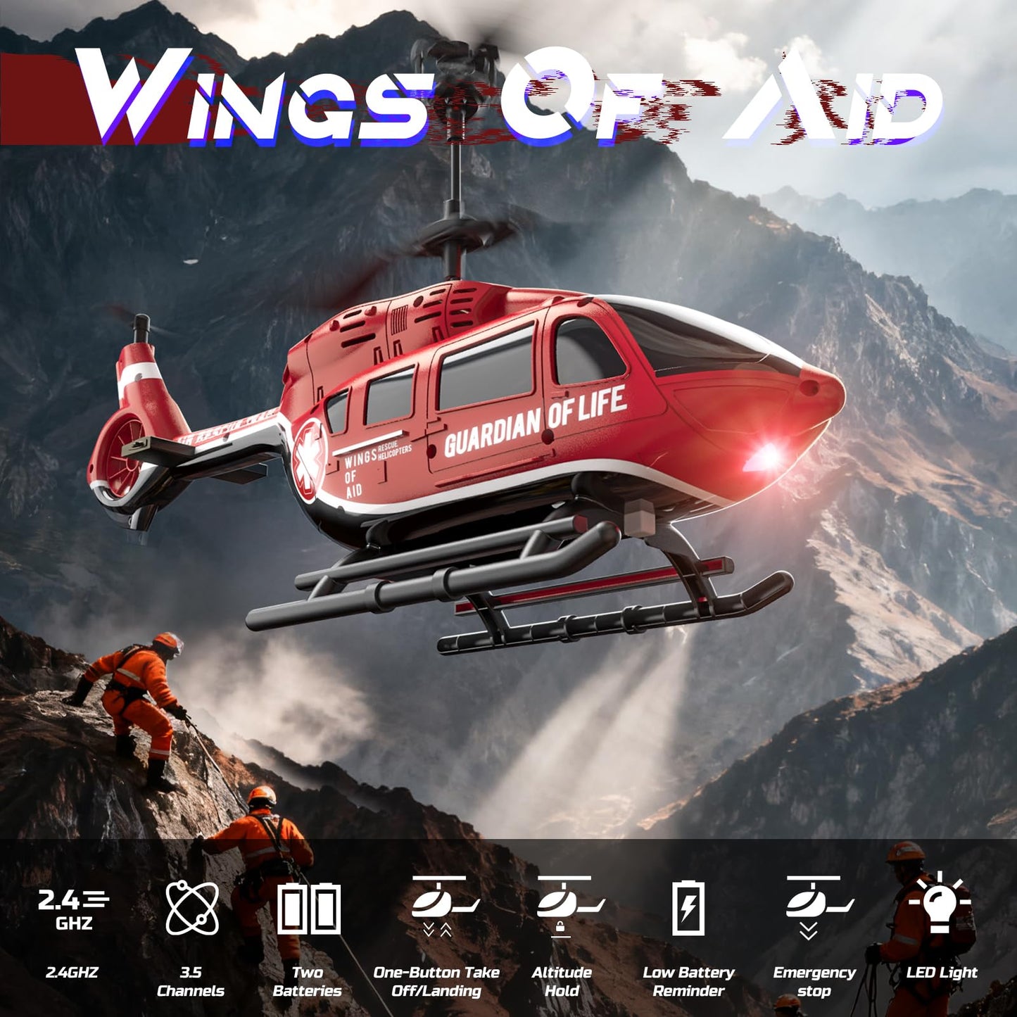 DEERC Remote Control Helicopter, Rescue RC Helicopter Toy with LED Lights, 2 Batteries, Altitude Hold & 2.4GHz Stable Control, Realistic Rescue Design, Ideal Gift for Kids and Adults