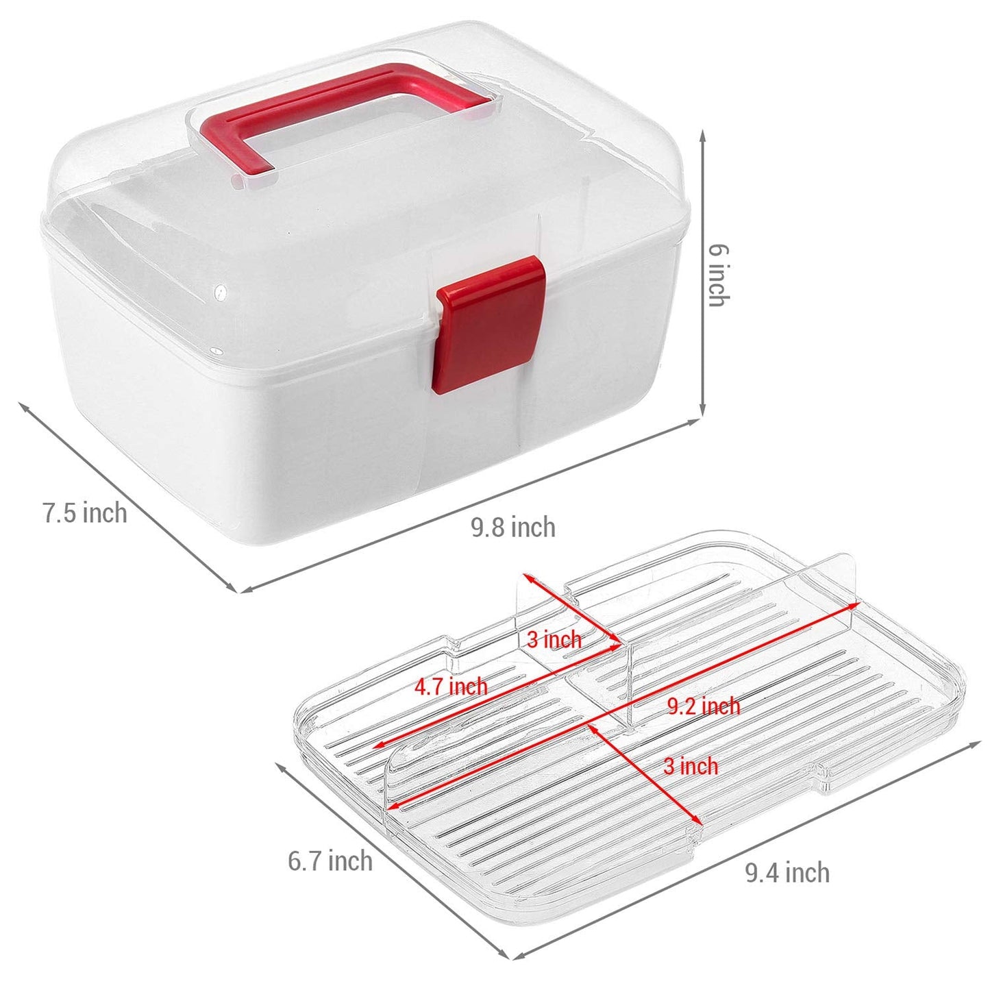 MyGift 10 Inch Multipurpose Portable White Plastic Storage Box with Removable Tray, Clear Lid and and Red Handle and Latch Lock, Home First Aid Storage Tool Box Sewing Kit Organizer Carrying Case