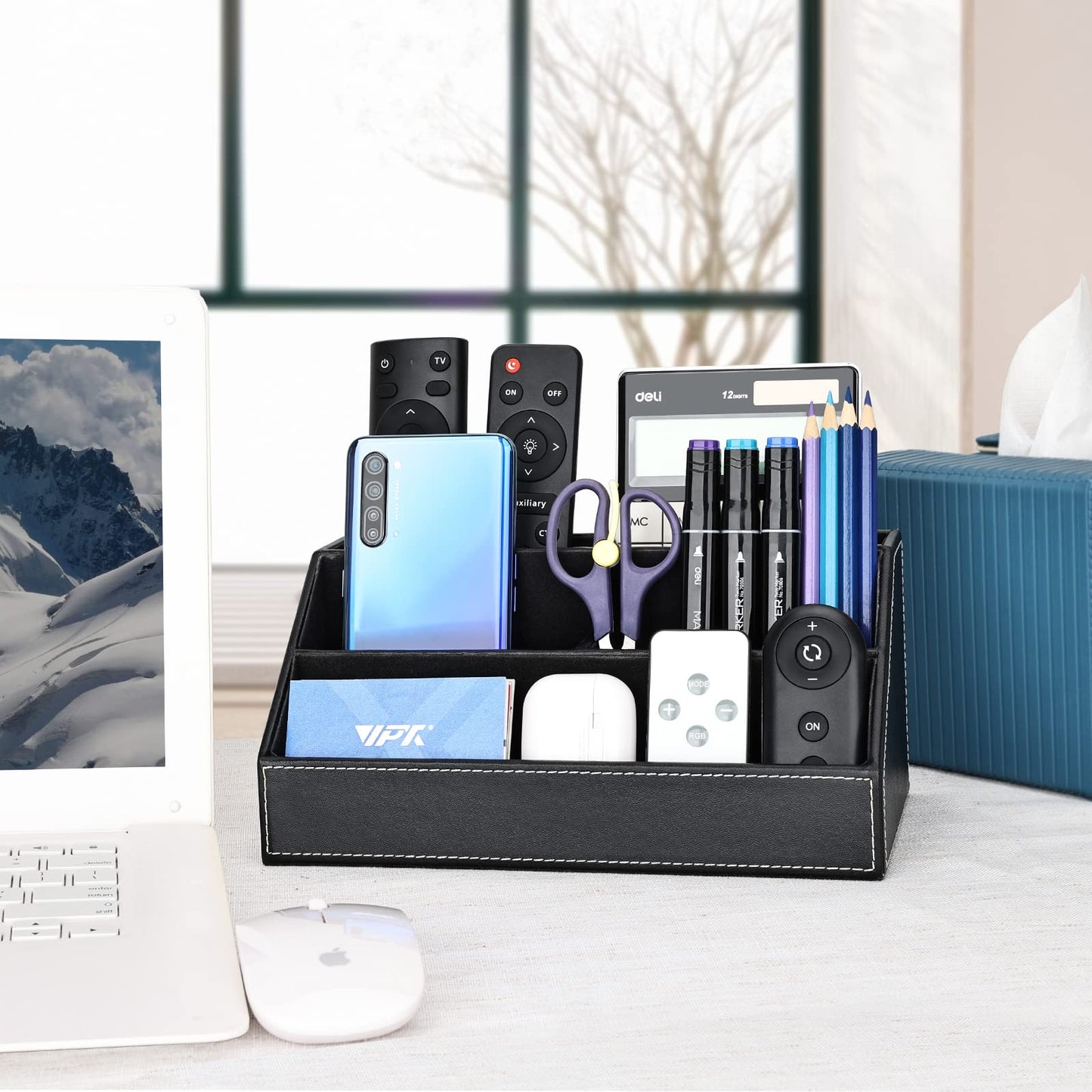 KINGFOM Pu Leather Desk Organizer with 5 Compartments Holder, Multi-Functional Office Supplies Storage Caddy for Pen/Pencil, Phones, Remote Controller and Desktop Accessorie Black